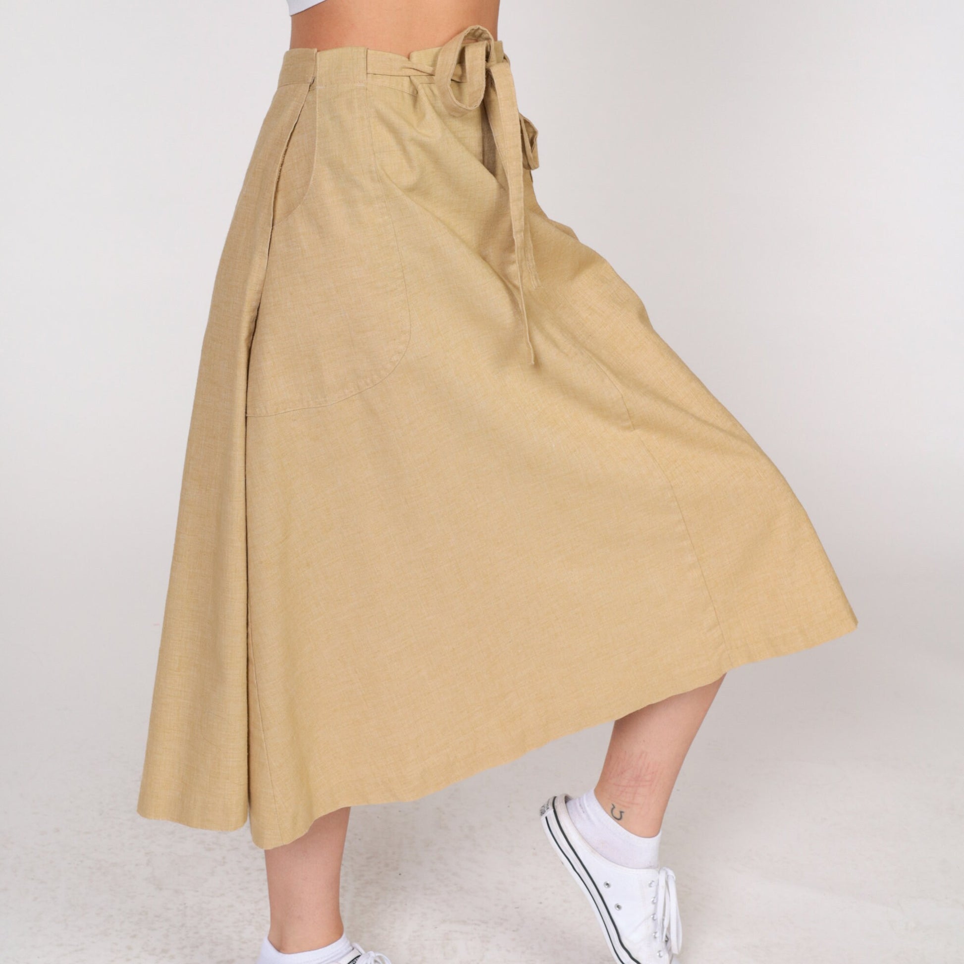 90s Tan Wrap Skirt High Waist Midi Pockets Cotton Medium Large