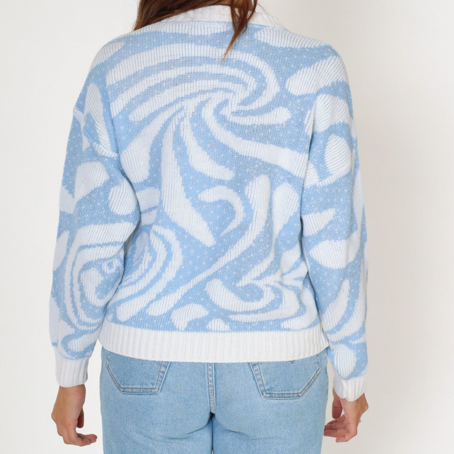 80s Baby Blue White Swirl Abstract Knit Crewneck Sweater Small