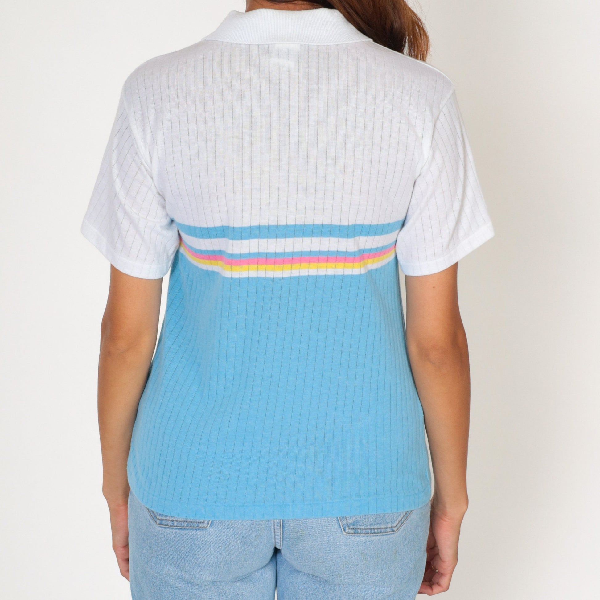 80s Striped Polo Shirt White Blue Pink Yellow Color Block Small