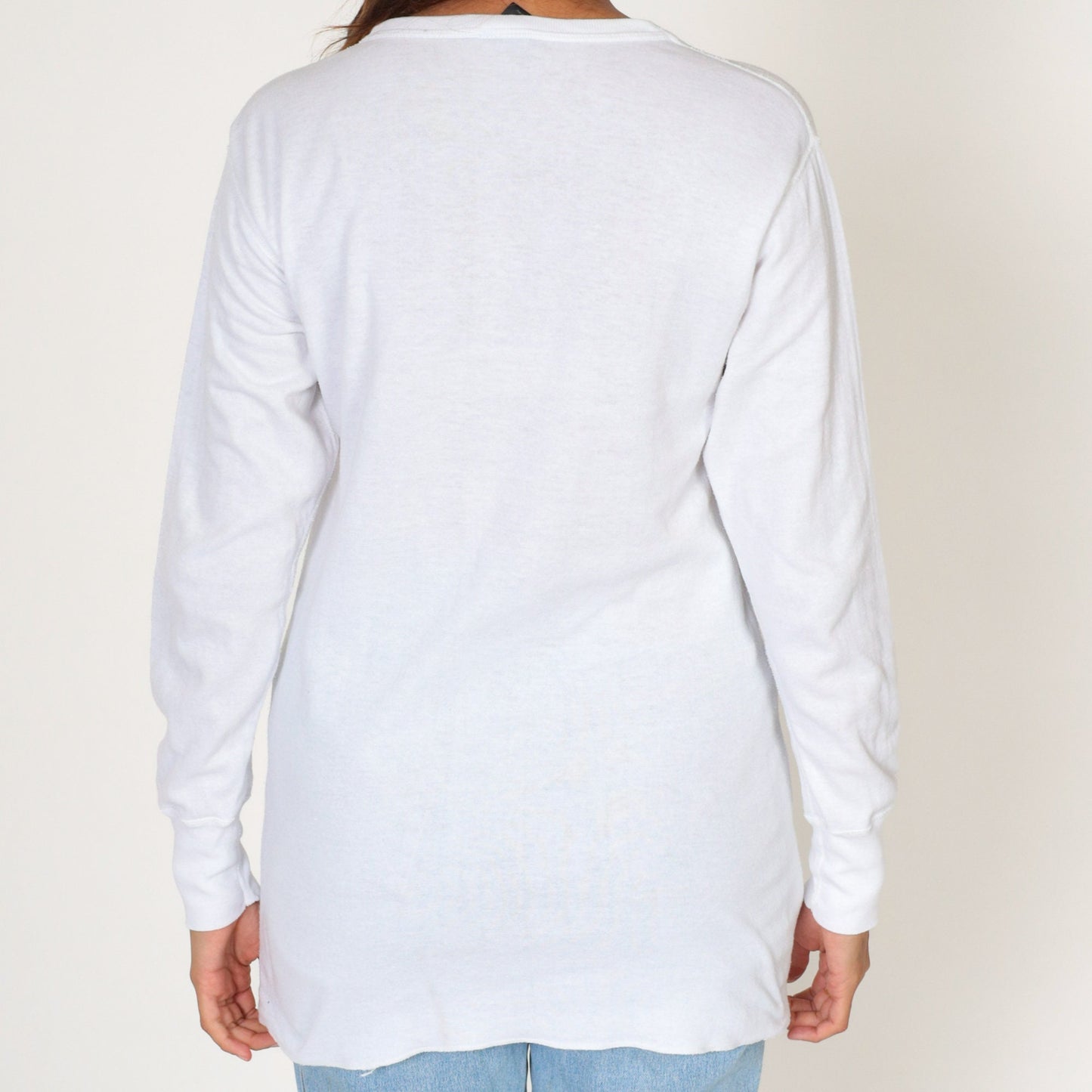 90s Plain White Long Sleeve Crewneck Tee Cotton Blend Medium