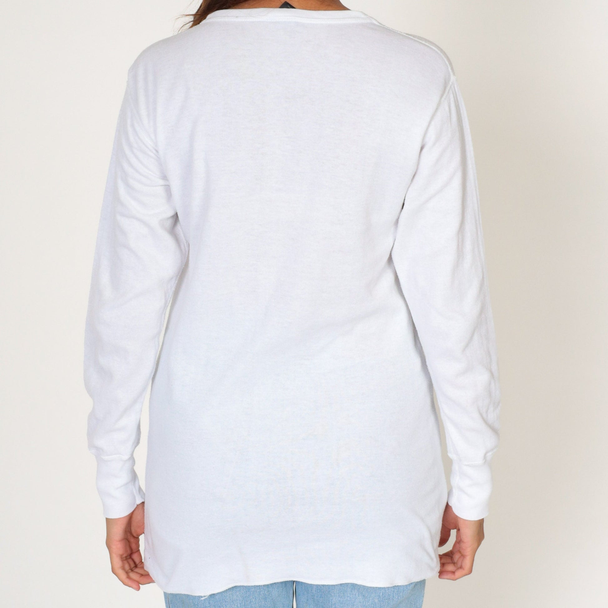 90s Plain White Long Sleeve Crewneck Tee Cotton Blend Medium