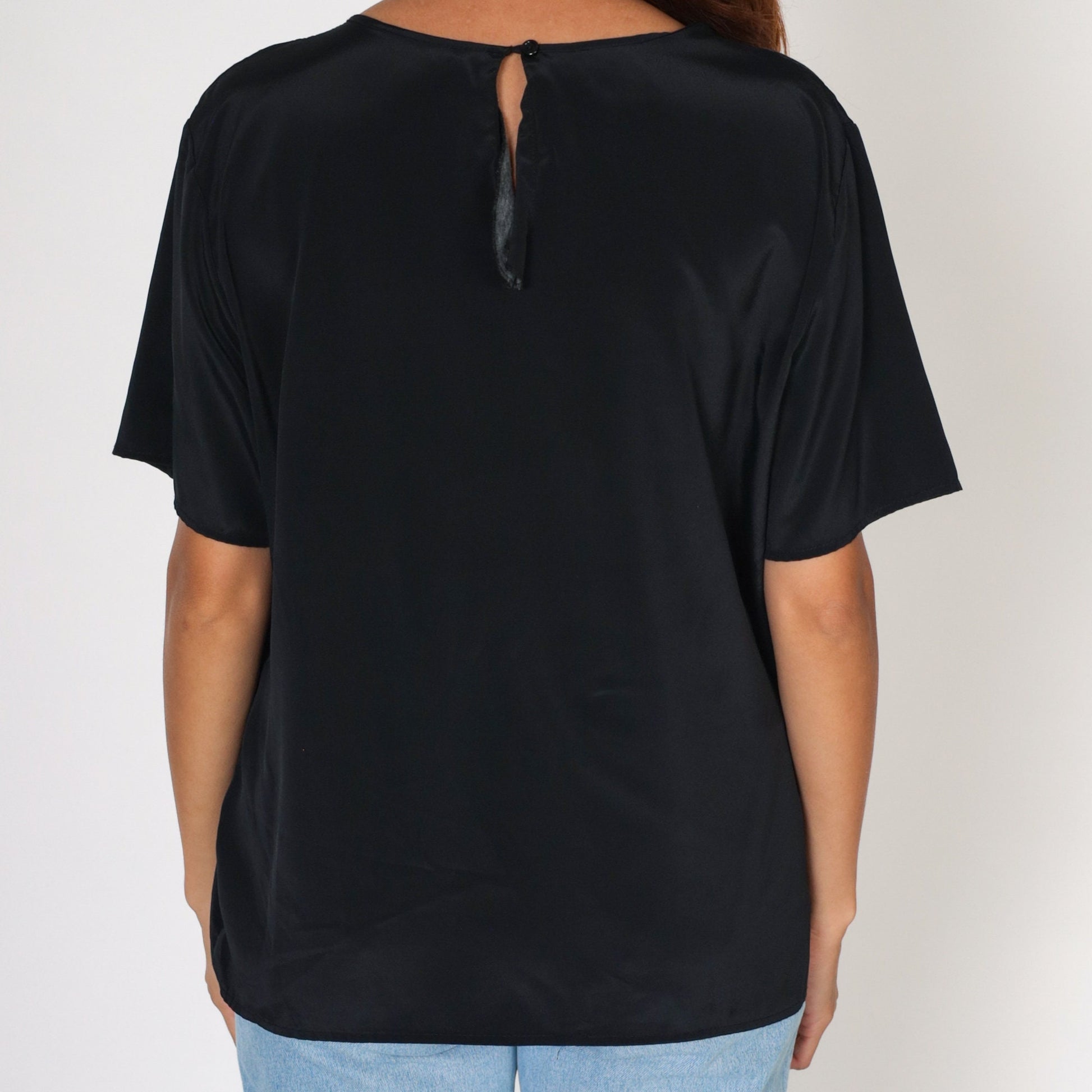 90s Bobbie and Brooks Black Blouse Keyhole Back Short Sleeve Large