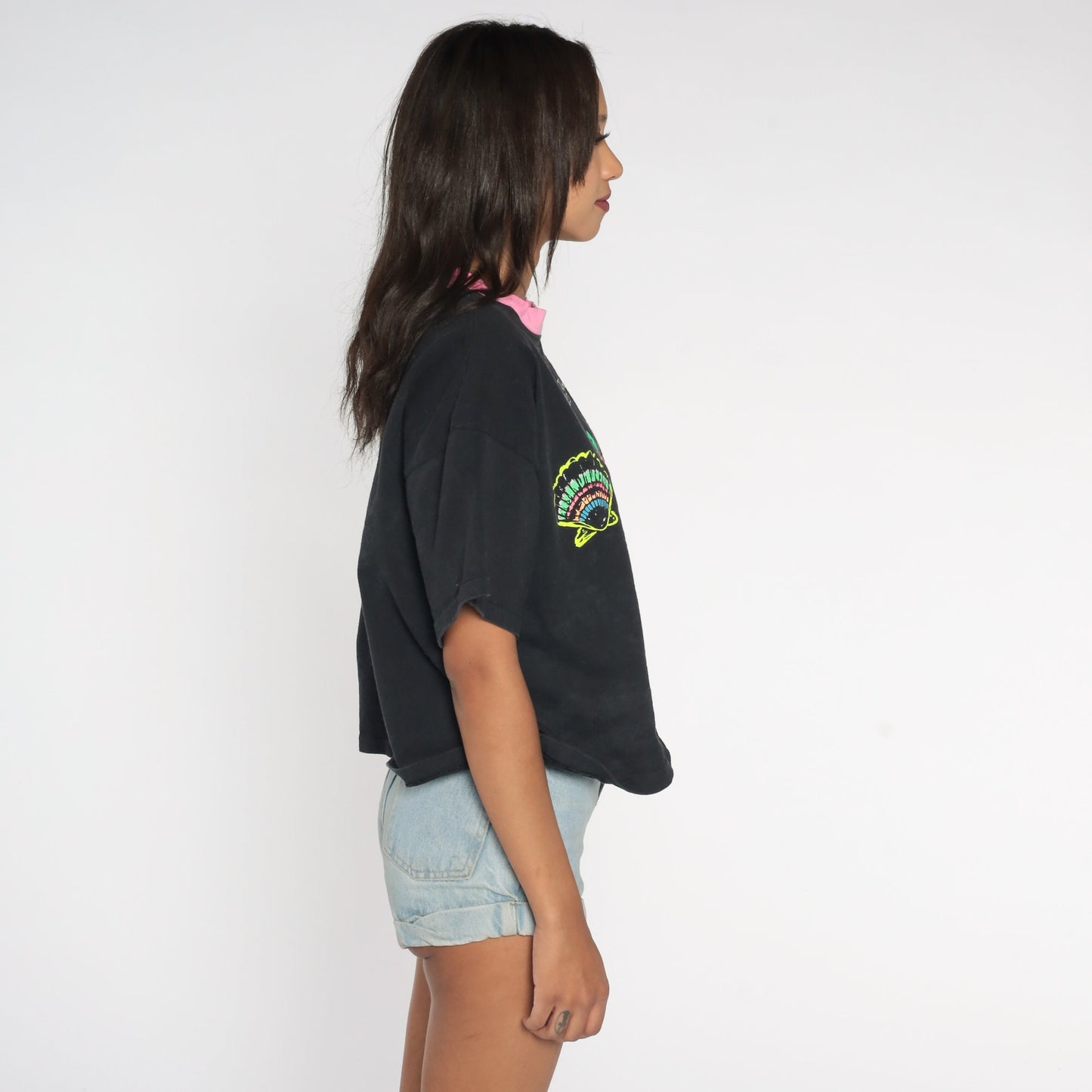90s St Thomas Virgin Islands Crop Top Ringer Tee Black Neon Pink Graphic Medium