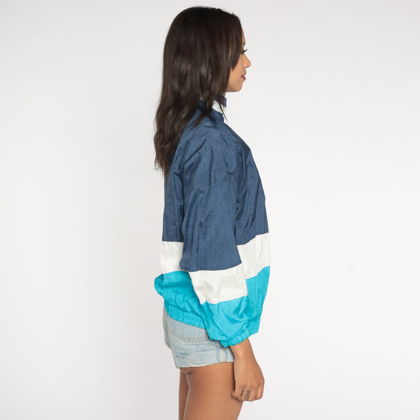 90s Striped Windbreaker Jacket Aqua Navy Blue White Colour Block Medium