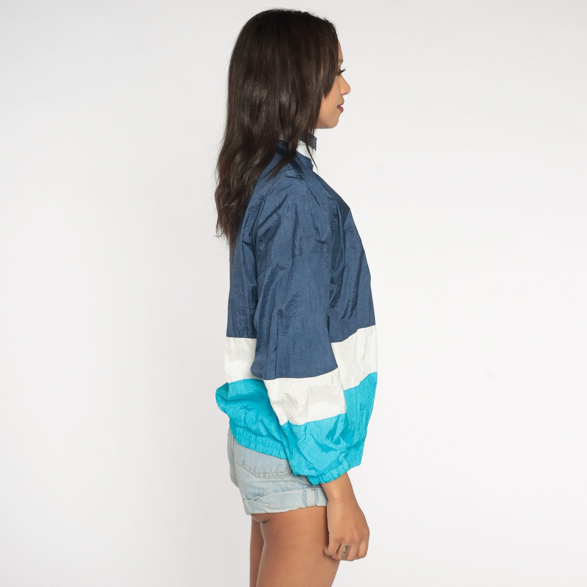 90s Striped Windbreaker Jacket Aqua Navy Blue White Colour Block Medium