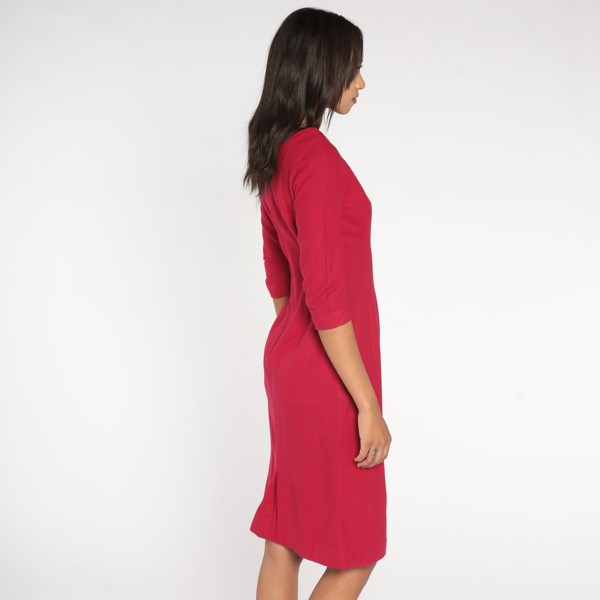 1960s Berry Wool Pencil Dress High Waist 3/4 Sleeve Knee Length Small