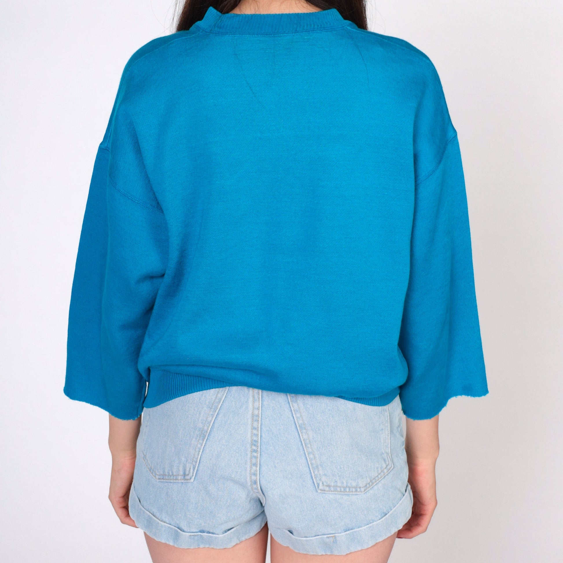 80s Turquoise Sweatshirt Cutoff 3/4 Sleeve Crewneck Stripe Medium