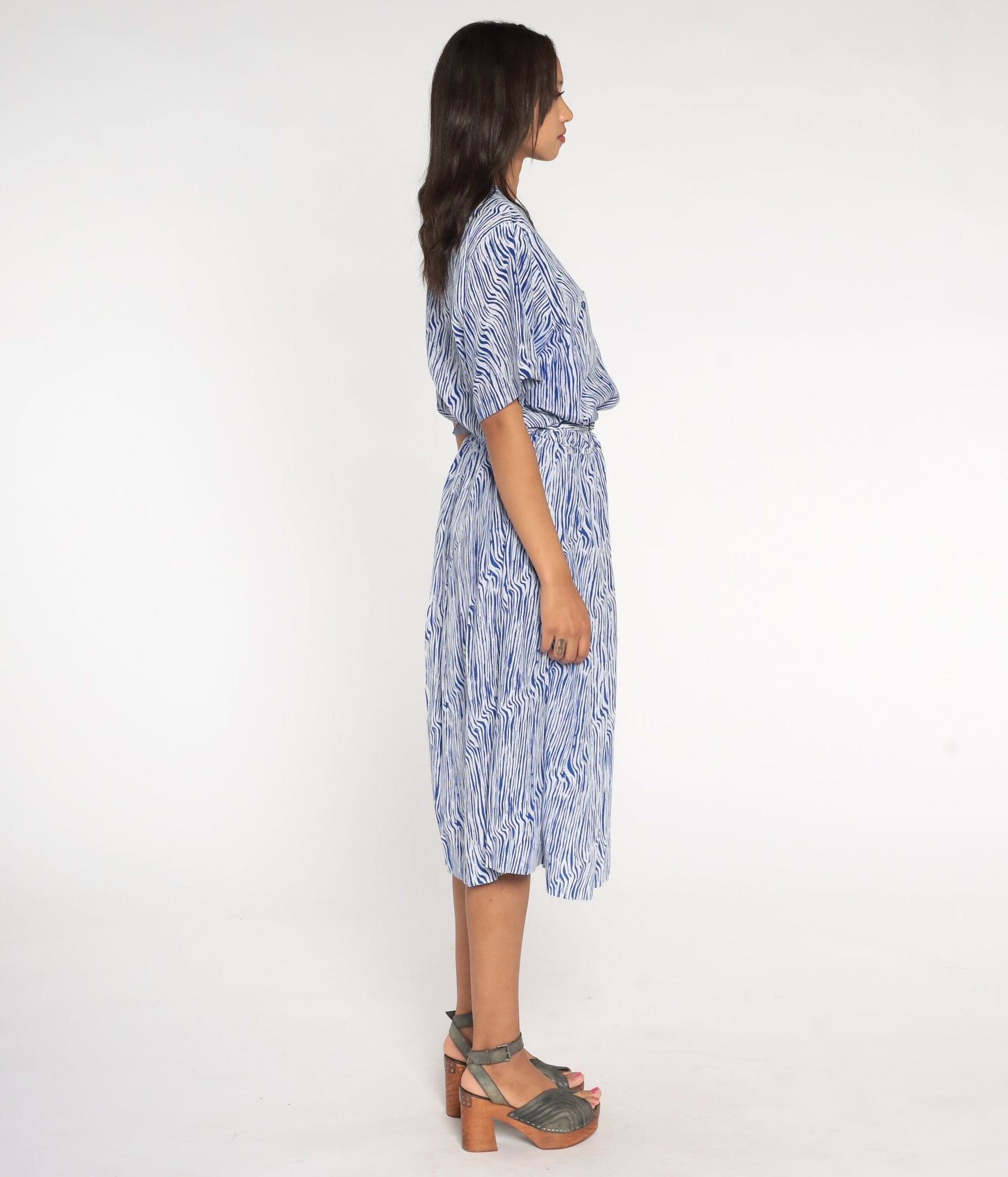 80s Blue White Striped Midi Shirtwaist Dress High Waisted Belted Large L