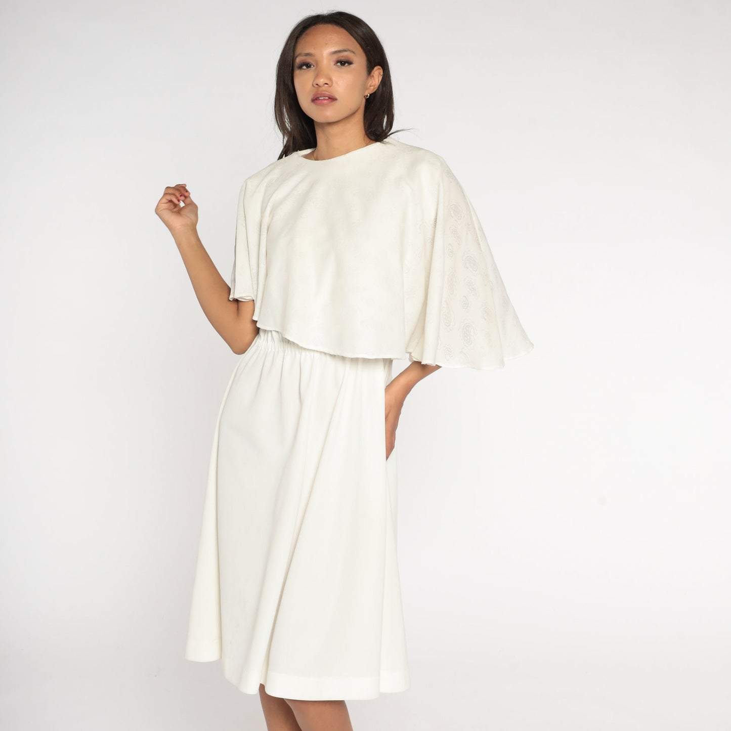 70s Asymmetrical Capelet Midi Dress Off White Paisley High Waist Medium Large