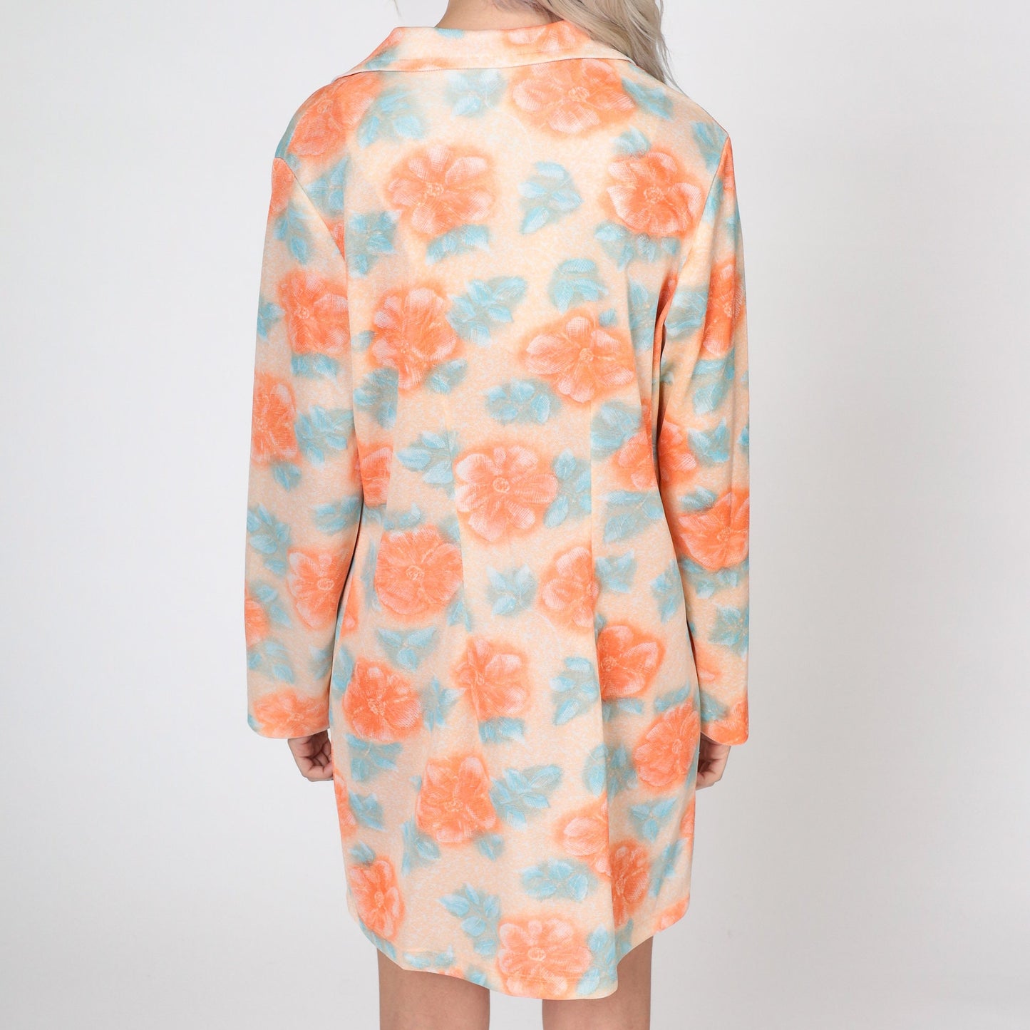 70s Orange Floral Mini Shift Dress Button-Up Long Sleeve Medium Large