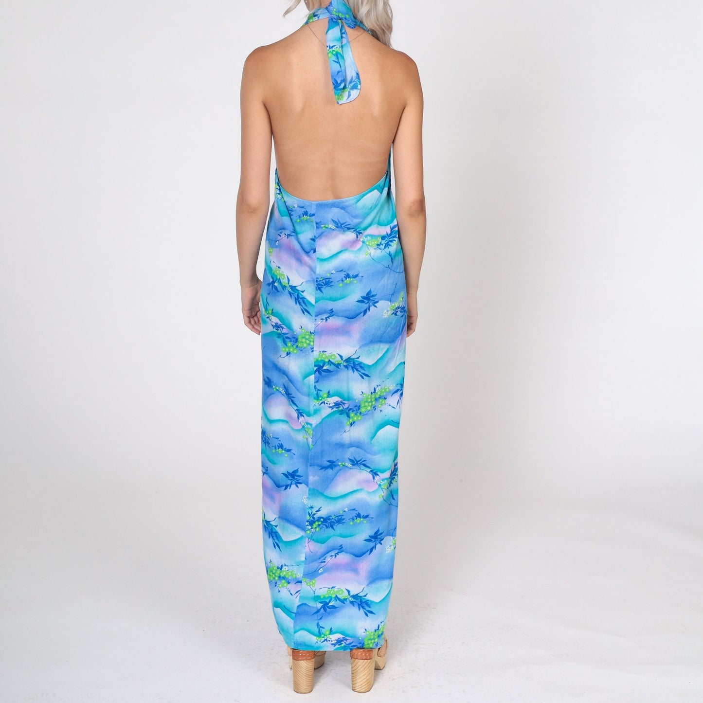70s Blue Floral Halter Wrap Dress V-Neck Maxi Sundress Small Medium