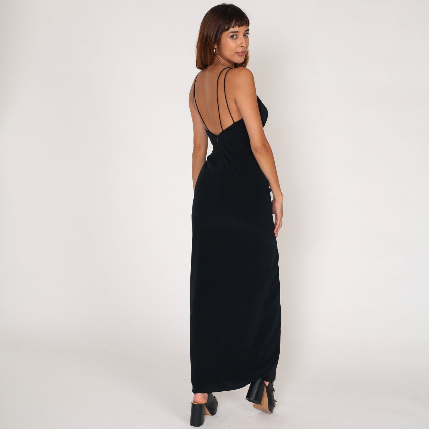 90s Black Maxi Dress Rhinestone Cutout High Slit Sleeveless Evening Gown Extra Small XS
