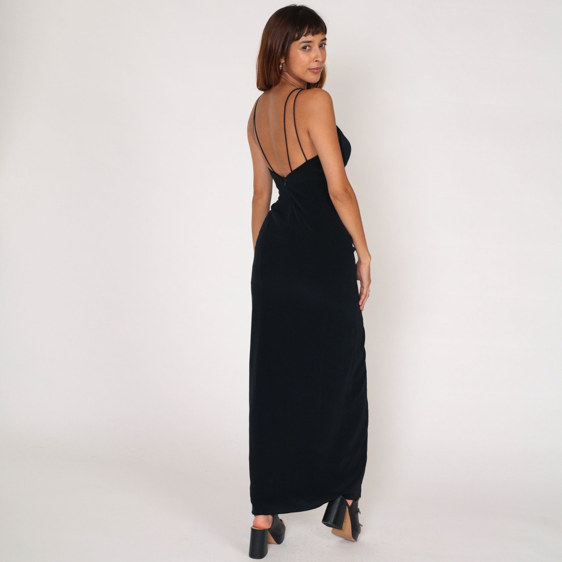 90s Black Maxi Dress Rhinestone Cutout High Slit Sleeveless Evening Gown Extra Small XS