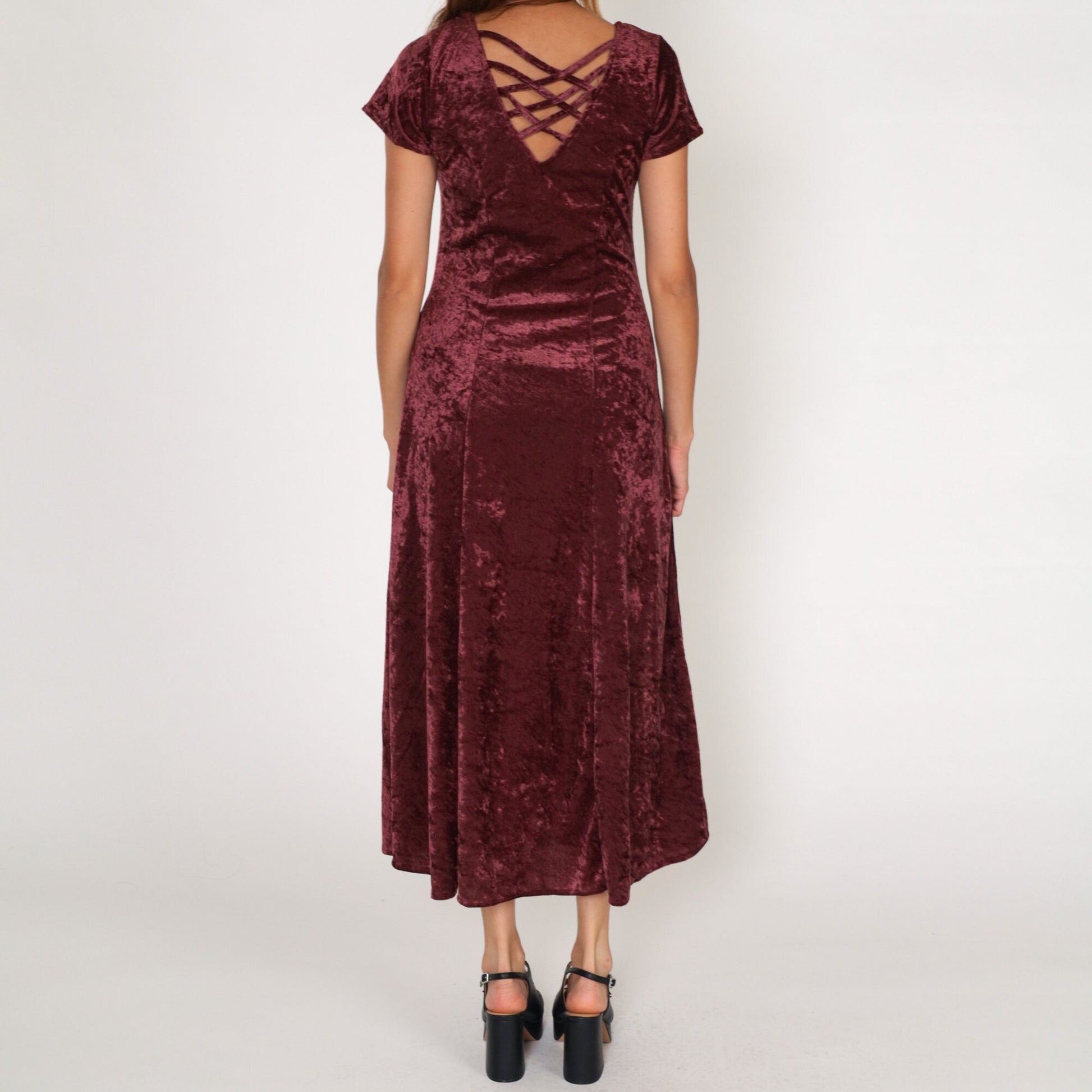 90s Maroon Velvet Maxi Dress Short Sleeve Strappy Back Small S