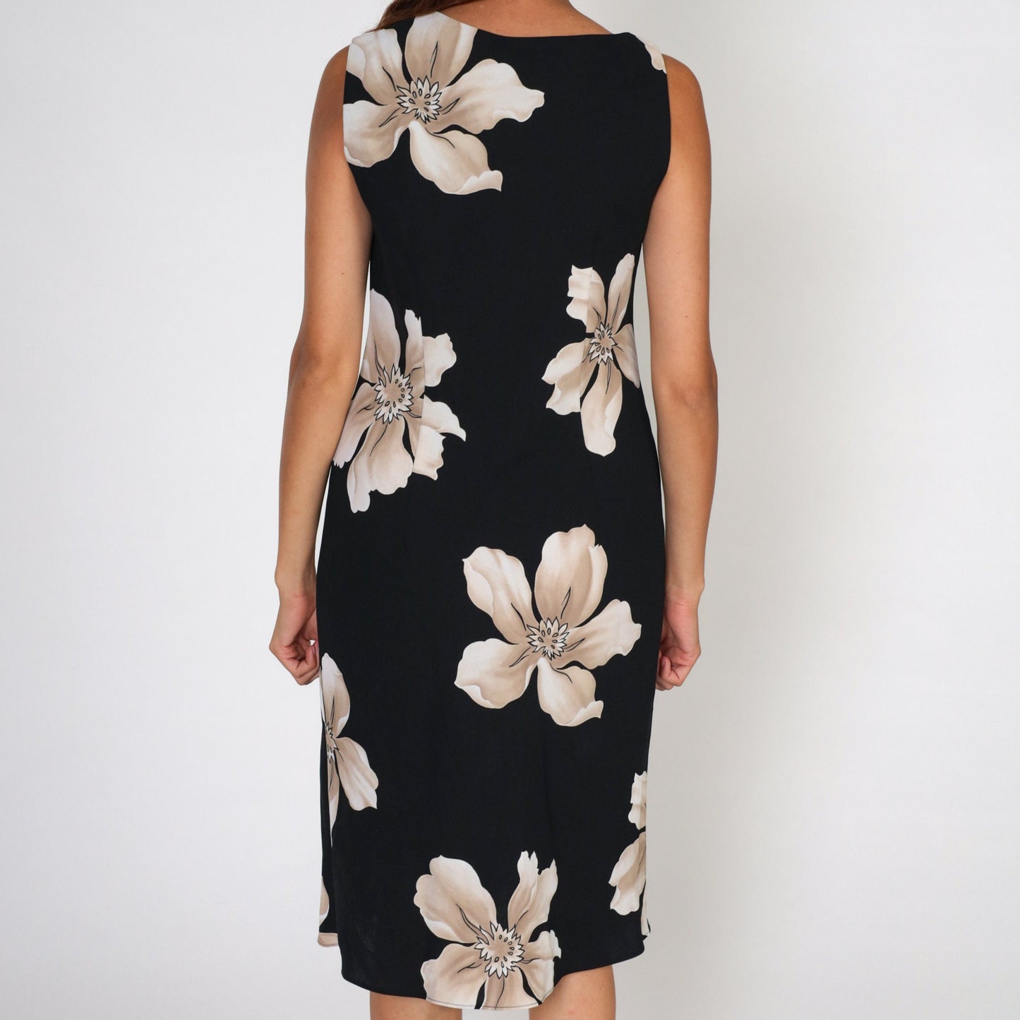 90s Black Floral Dress Asymmetrical Neckline Sleeveless Knee Length Large L