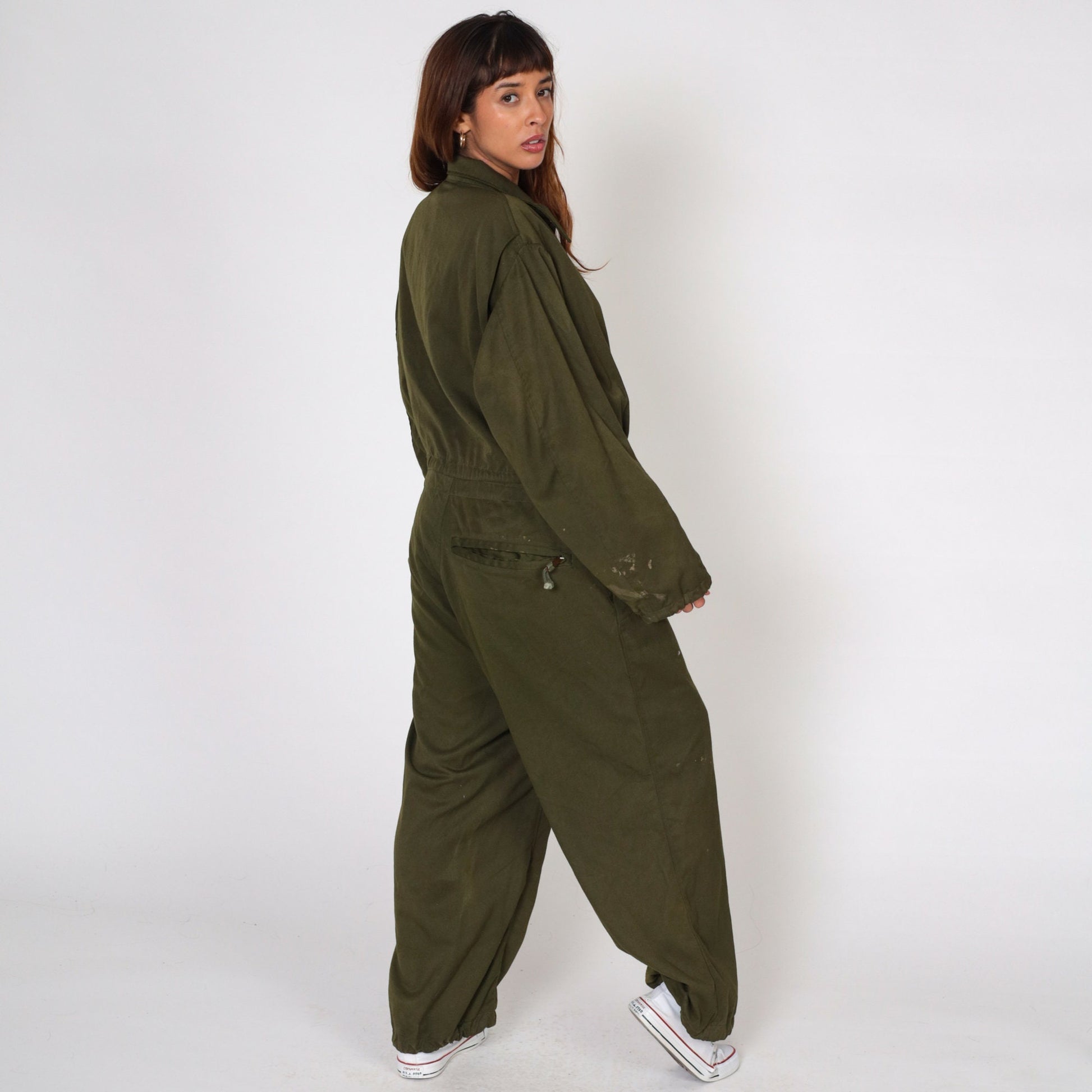 1990s Army Coveralls Flight Suit Olive Green Distressed Men's Small