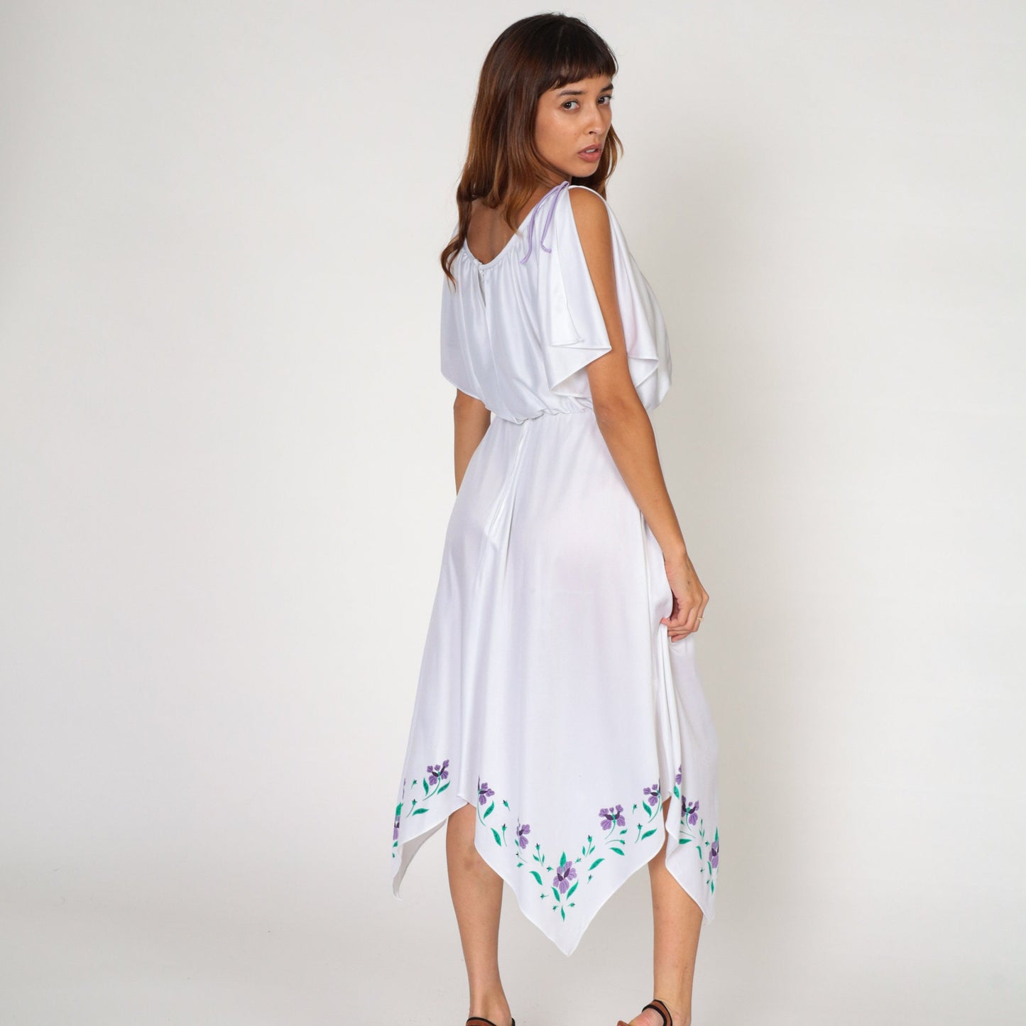 70s White Grecian Midi Dress Painted Floral Hanky Hem Flutter Sleeve Small