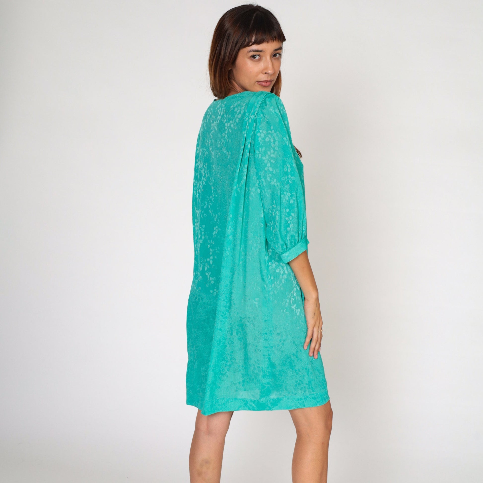 80s Green Embossed Leaf Mini Dress Puff Sleeve Pleated Shift Extra Large XXL
