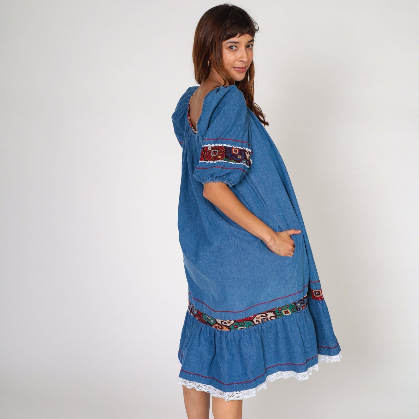 80s Appel Denim Midi Dress Puff Sleeve Southwestern Lace Trim Blue Medium