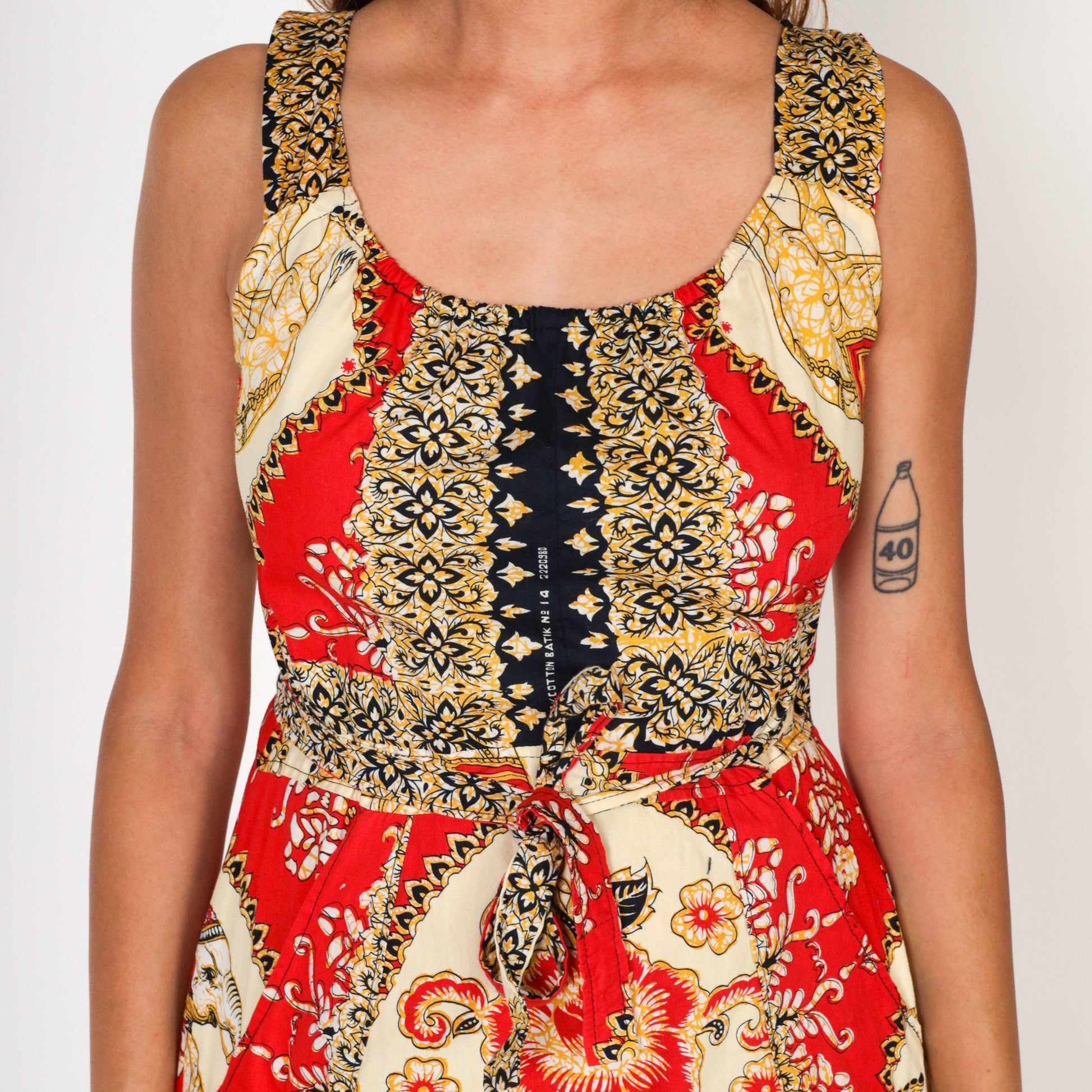 Y2K Red Batik Floral Elephant Midi Wrap Dress Cotton Sleeveless Pockets Medium Large