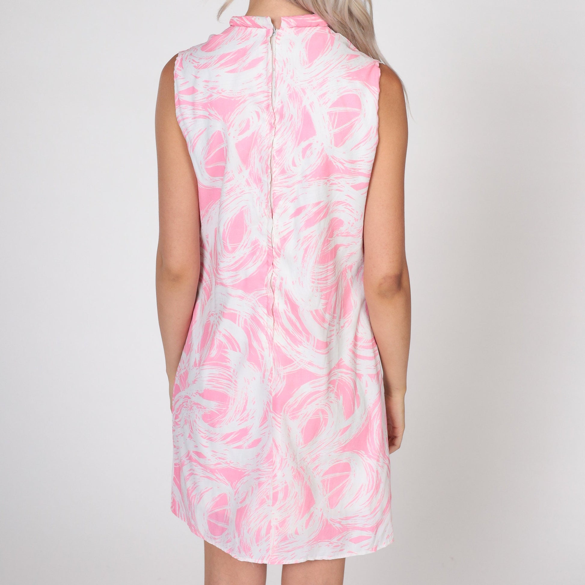 60s Mod Shift Dress Brushstroke Ascot Print Pink White Mini Small S