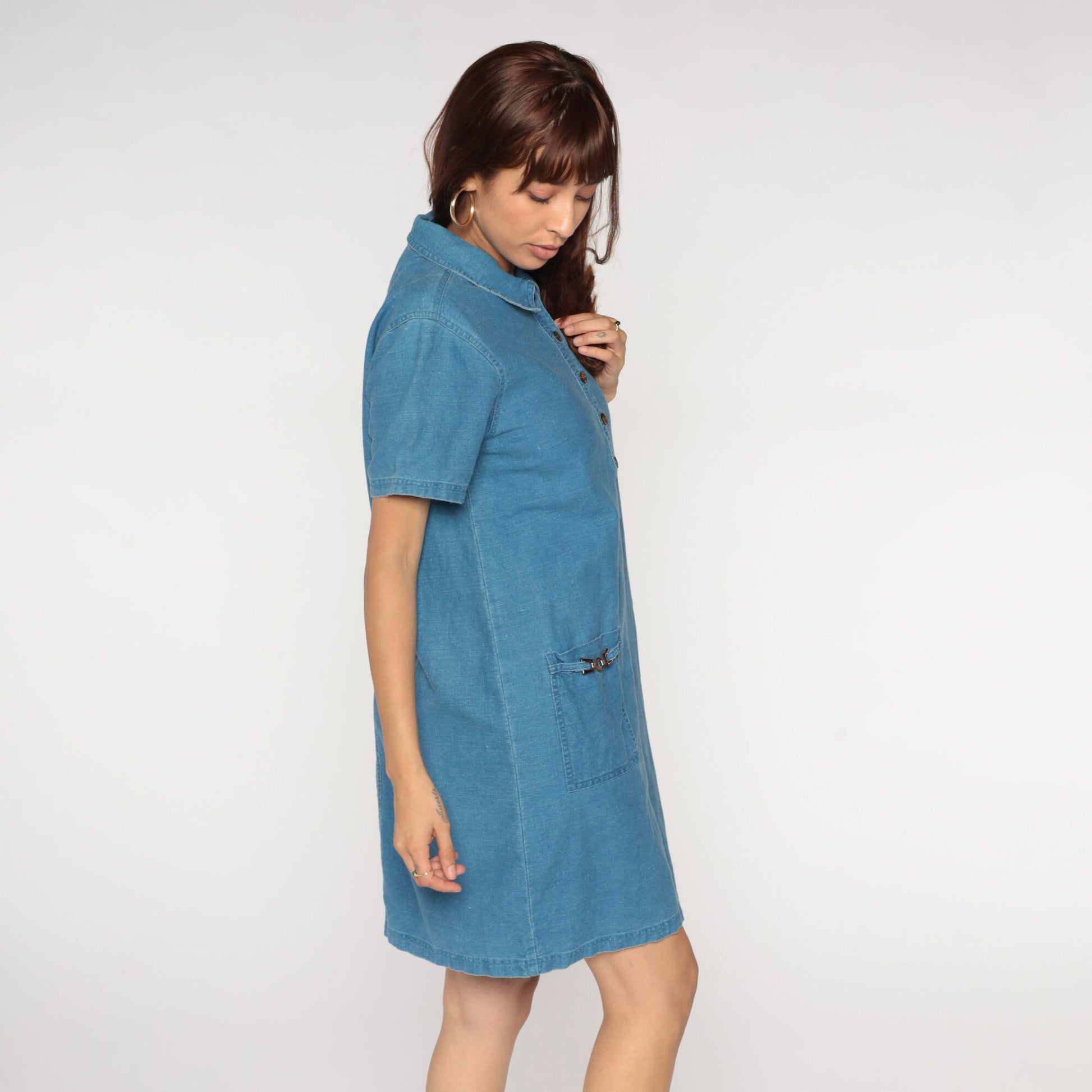 90s Blue Chambray Mini Dress Floral Embroidered Button Up Short Sleeve Medium