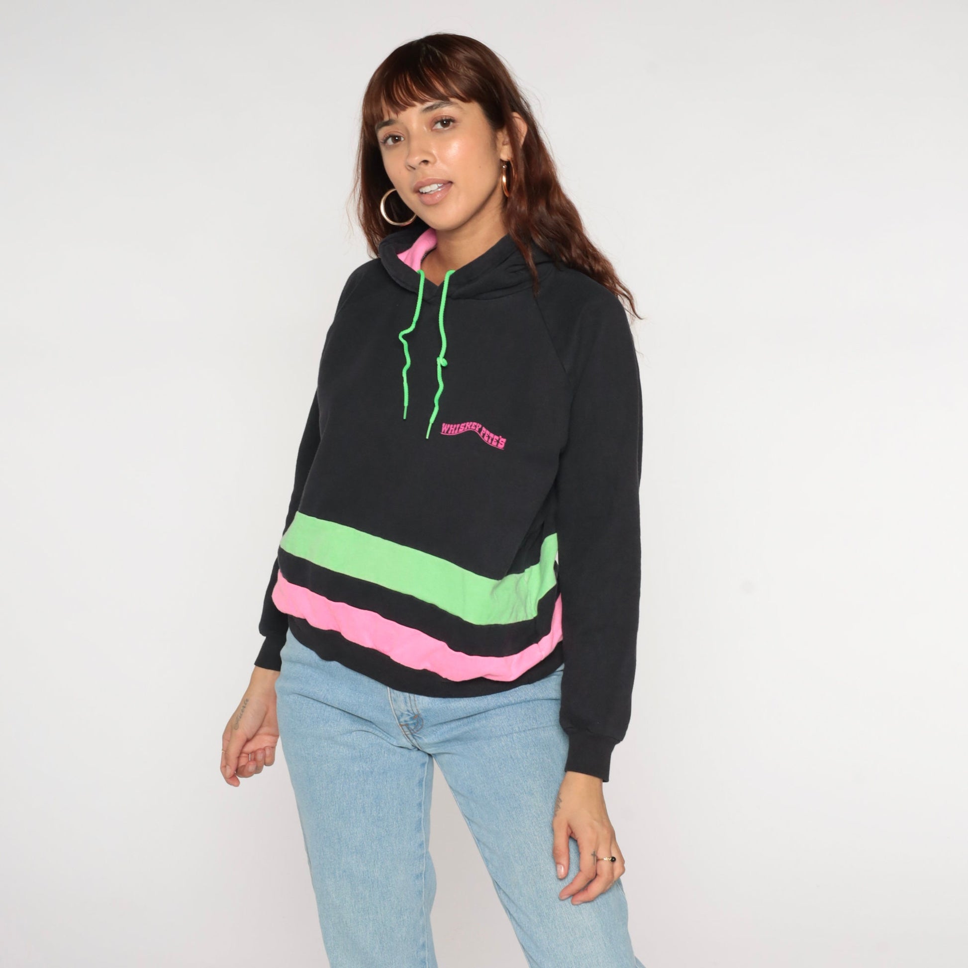 90s Whiskey Pete's Neon Striped Hoodie Black Pink Green Medium