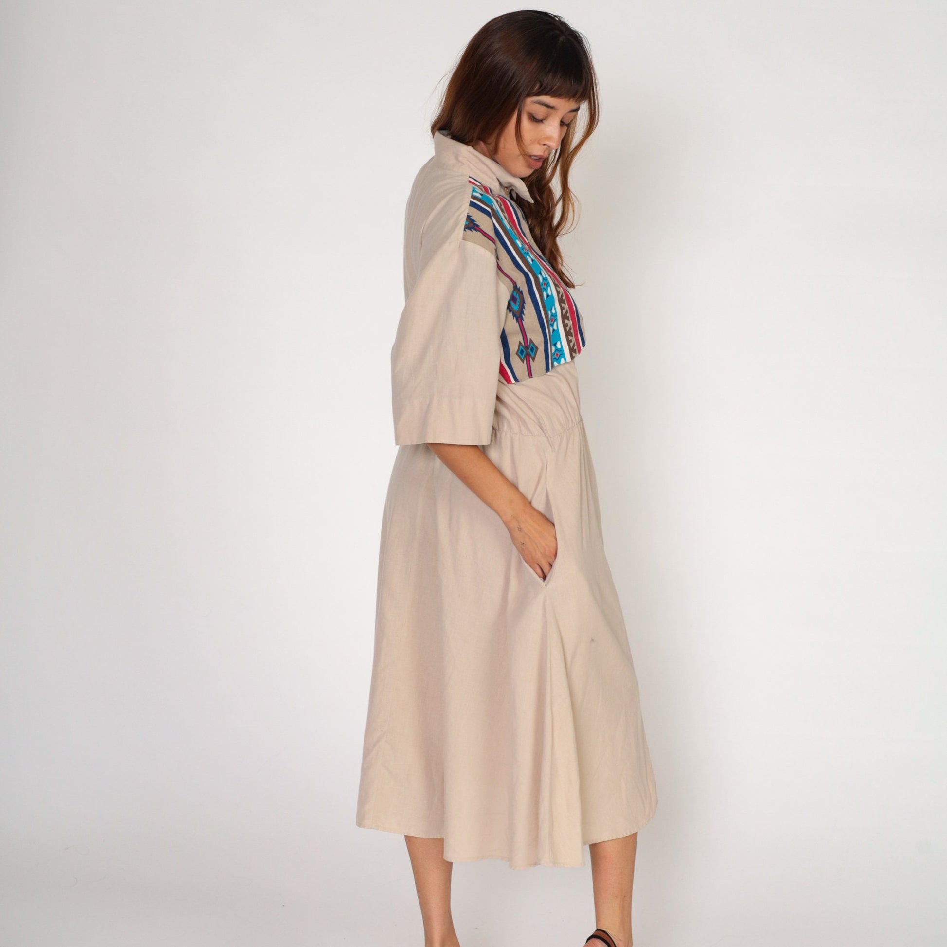 90s Southwestern Tan Midi Dress Button-Up High Waisted Pockets Large L