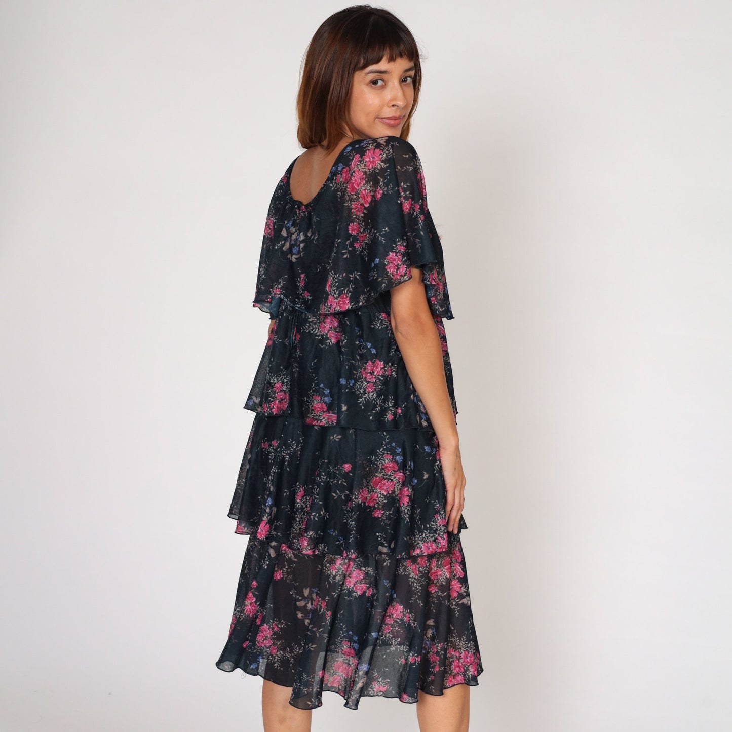70s Black Floral Tiered Midi Dress Cape Flutter Sleeve Medium Large