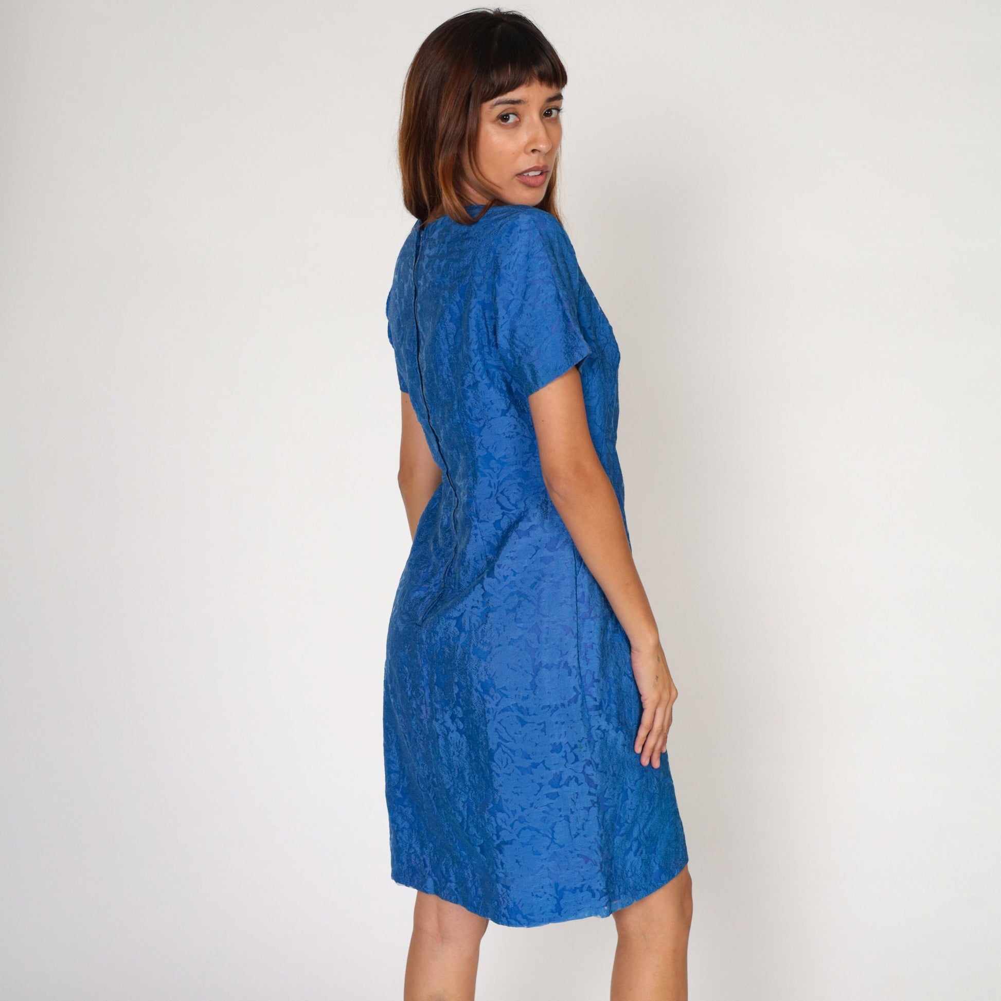 60s Blue Embossed Floral Shift Mini Dress Short Sleeve Small