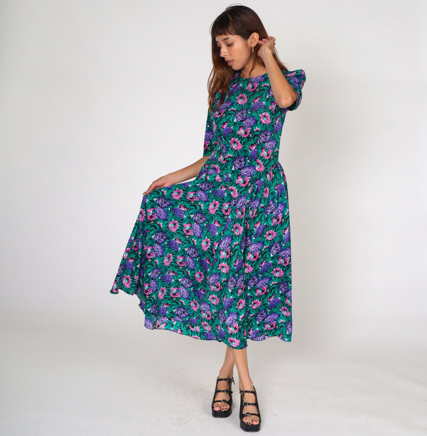 80s Floral Midi Dress Puff Sleeve Basque Waist Pink Purple Green Small
