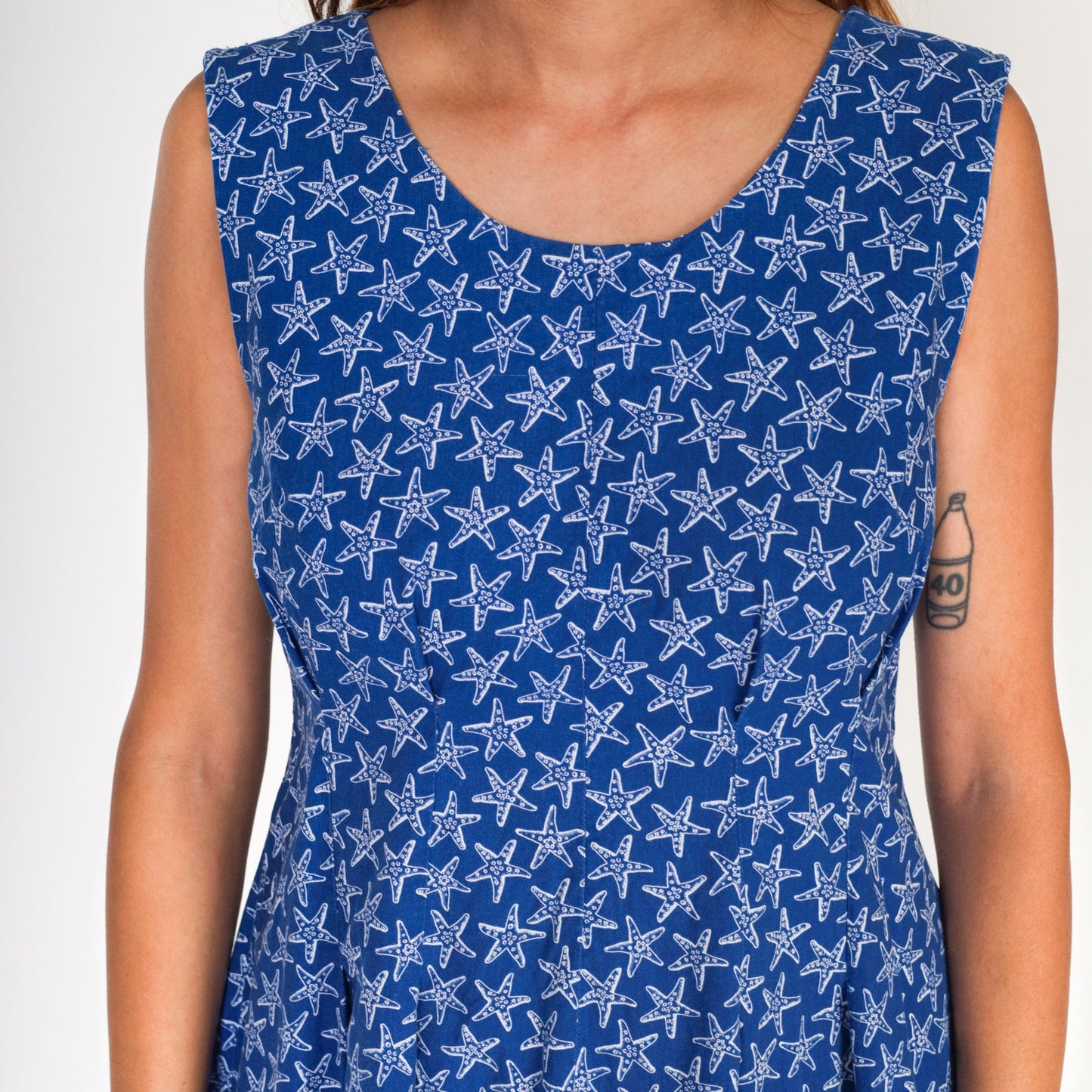 80s Starfish Print Sundress Blue Sleeveless Fit Flare Medium