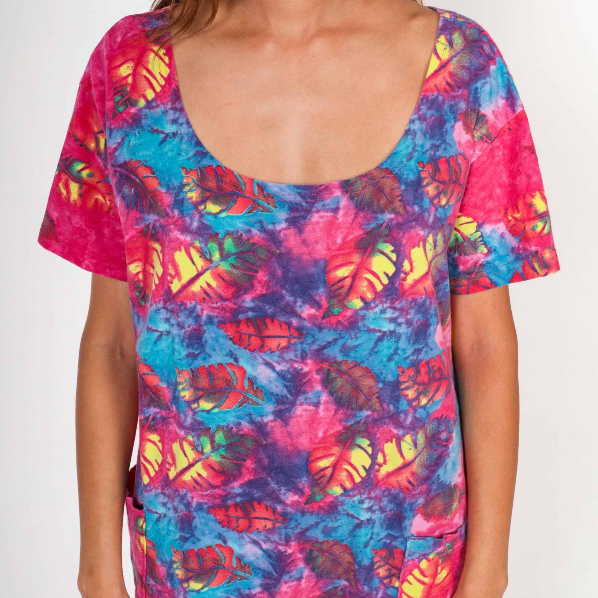 90s Tie Dye Leaf Print T-Shirt Dress Shift Cut Pockets Large