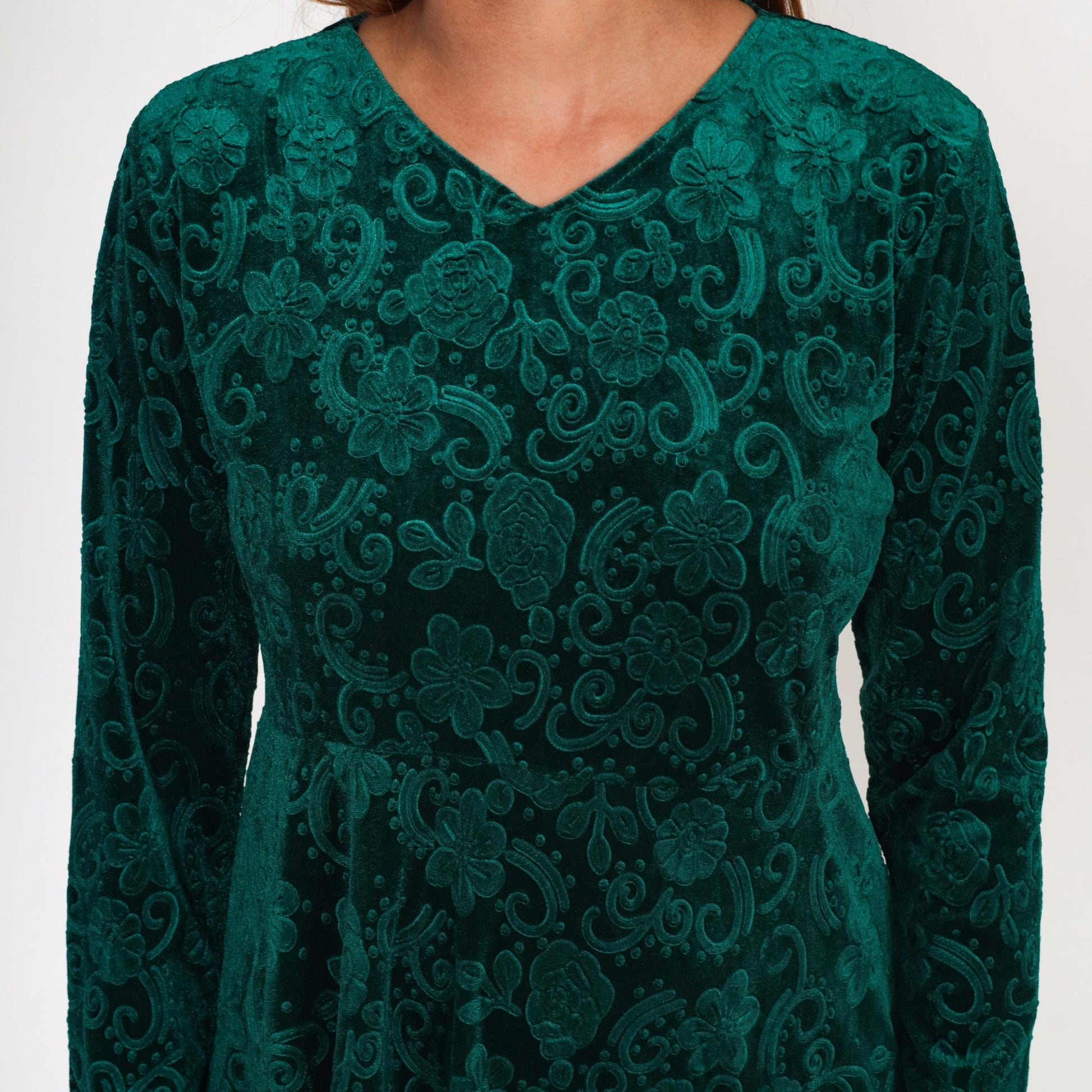 90s Green Floral Velvet Mini Dress Empire Waist Long Sleeve Medium Large