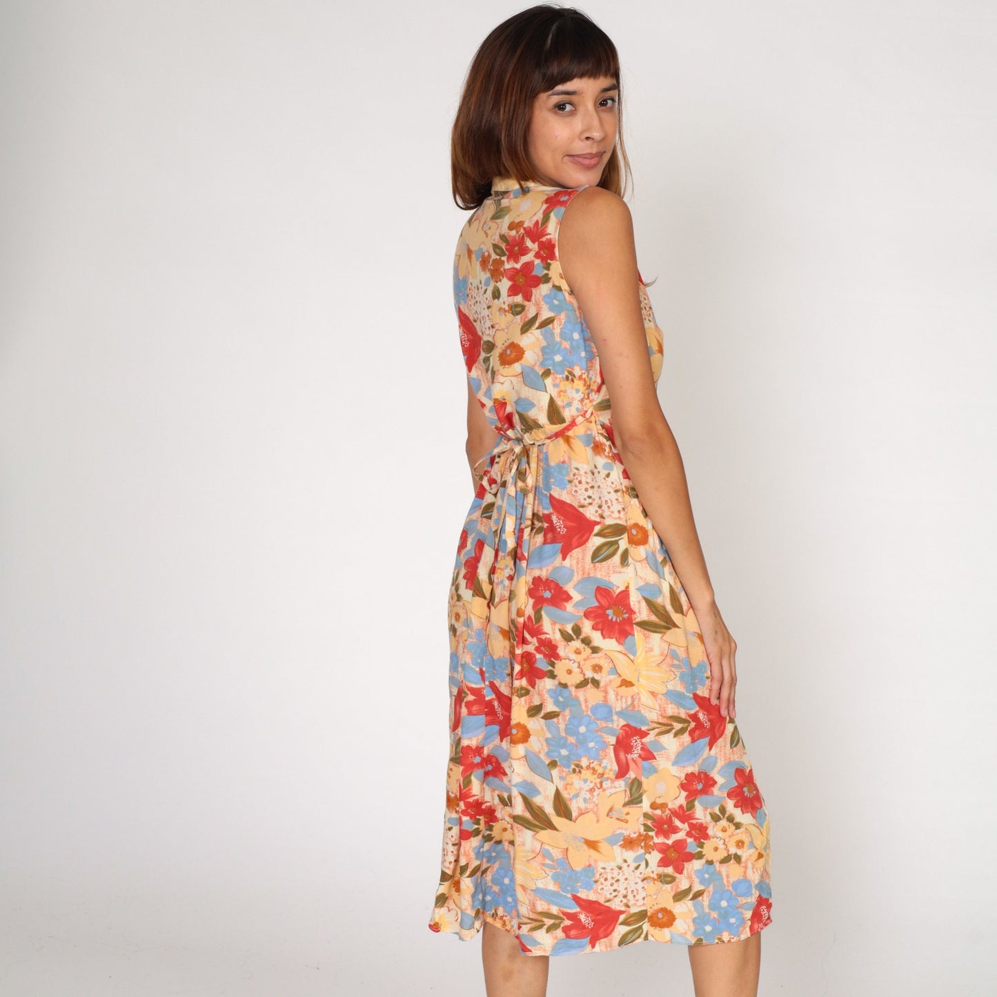 90s Floral Button-Up Midi Dress Sleeveless High Waist Red Yellow Blue Small