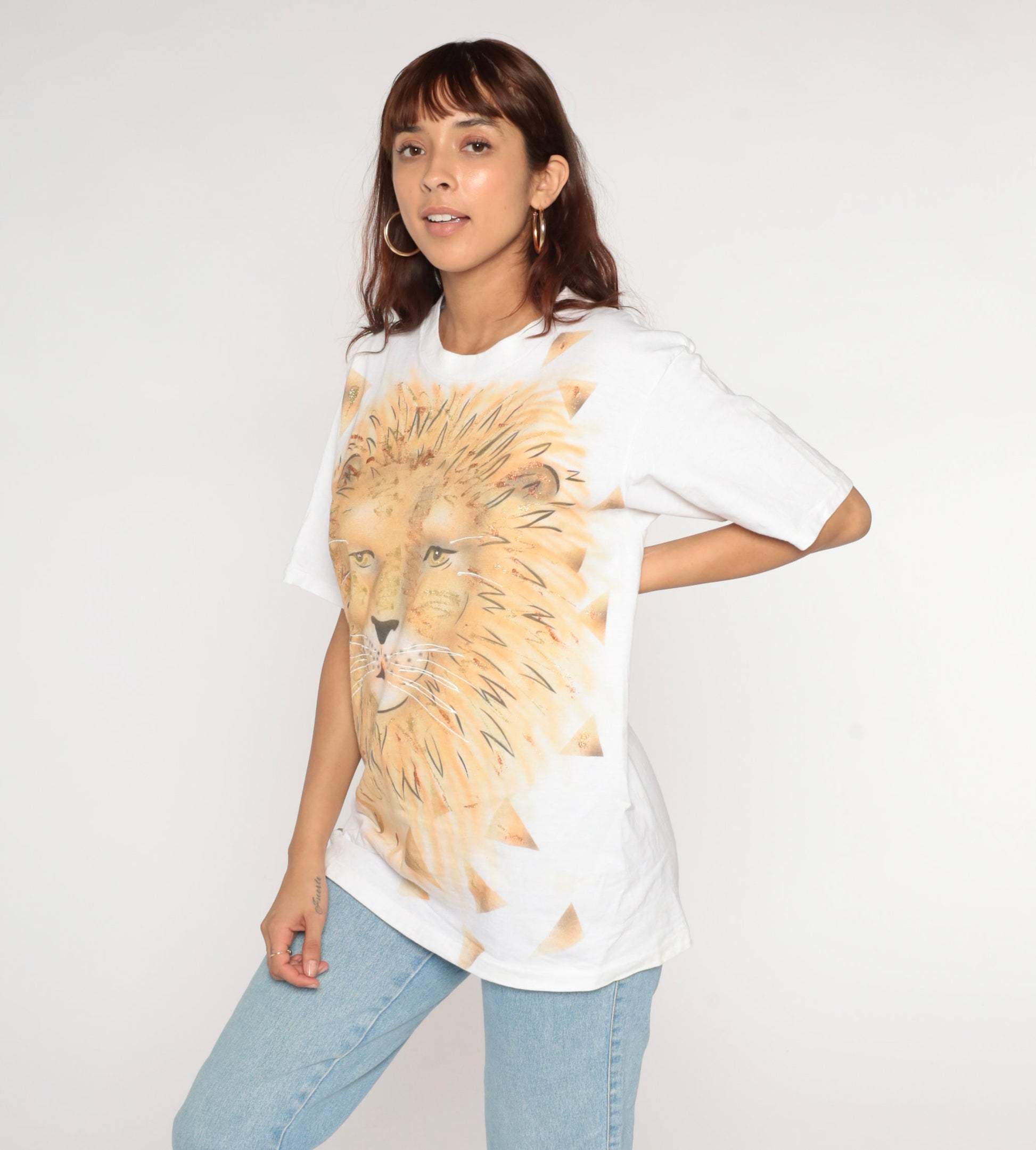 90s Oneita Lion T-Shirt White Gold Glitter Graphic Tee Medium
