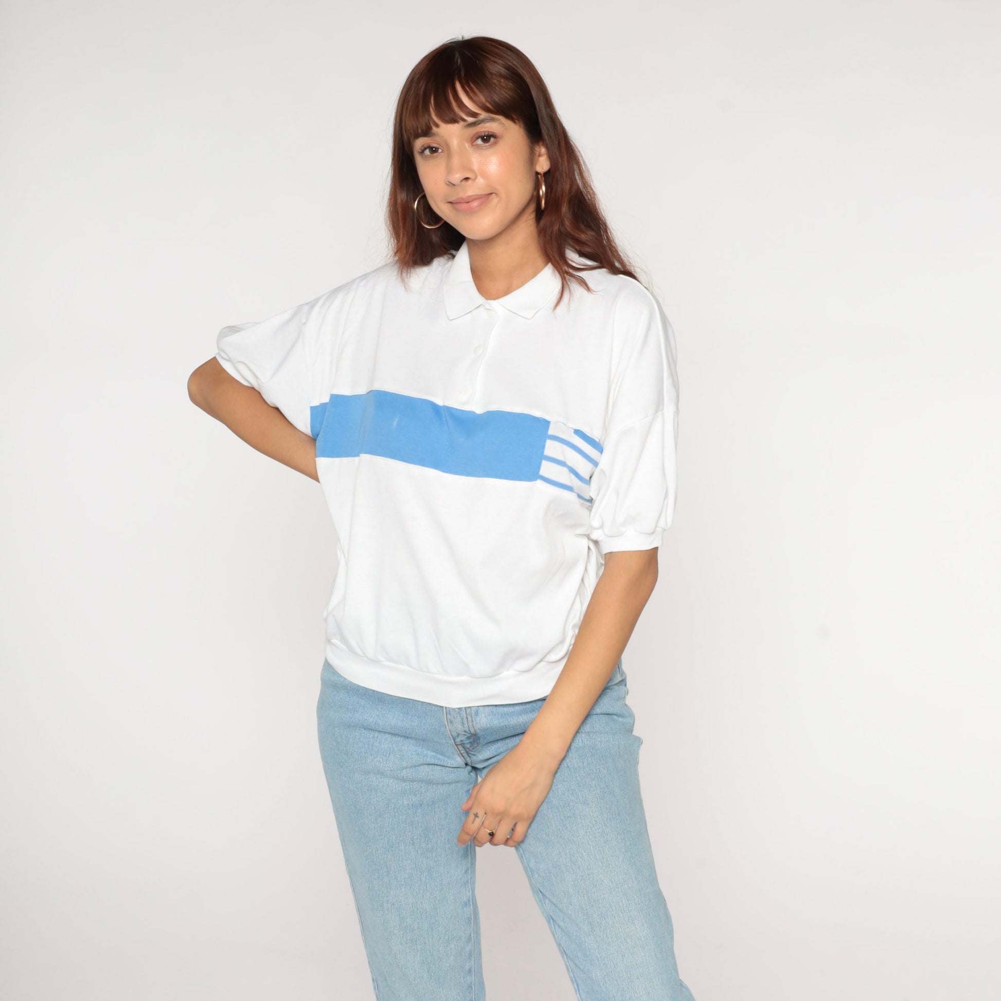 90s Catalina Striped Collared Shirt White Blue Banded Hem Large