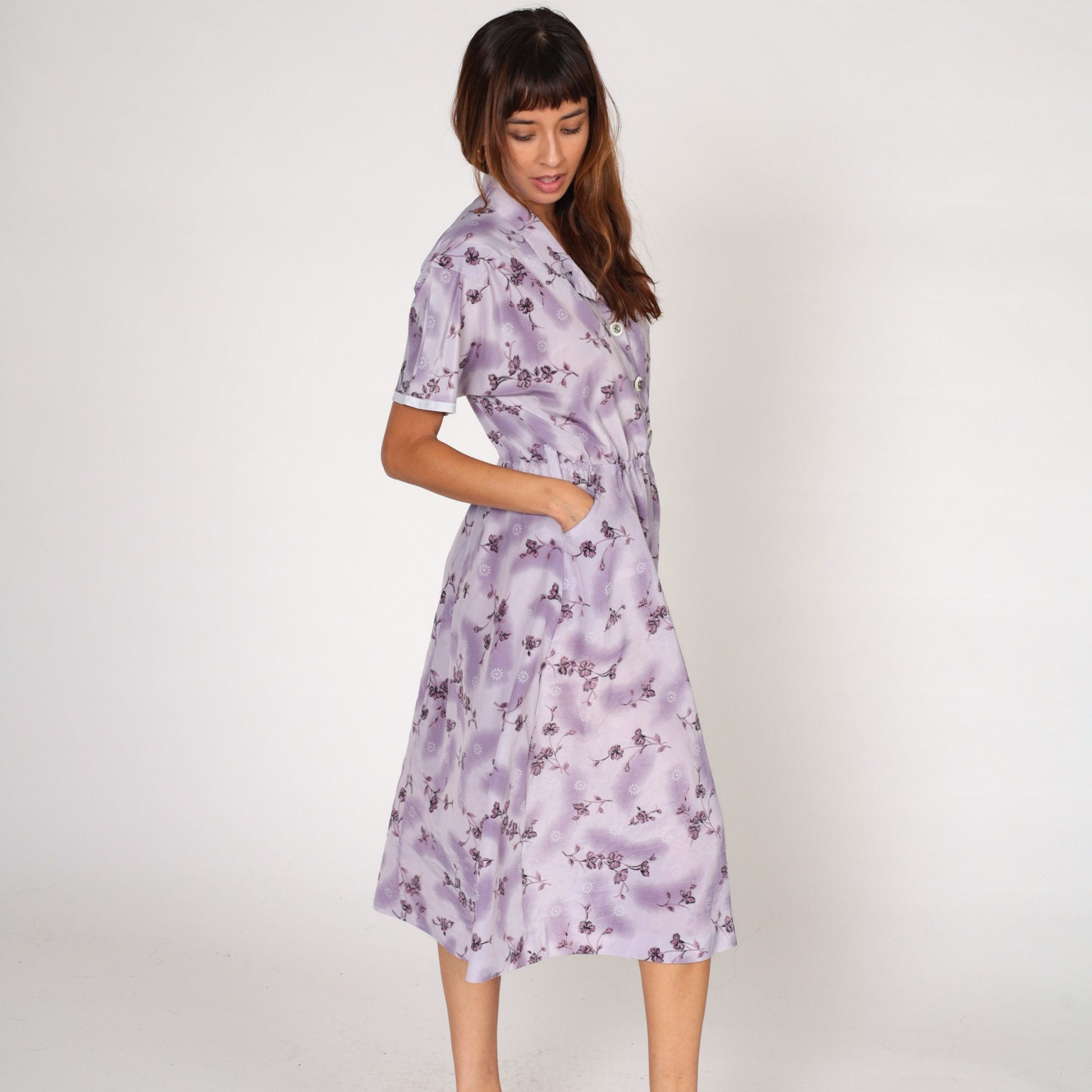80s Purple Floral Midi Shirtdress High Waist Button Front Short Sleeve Medium Large