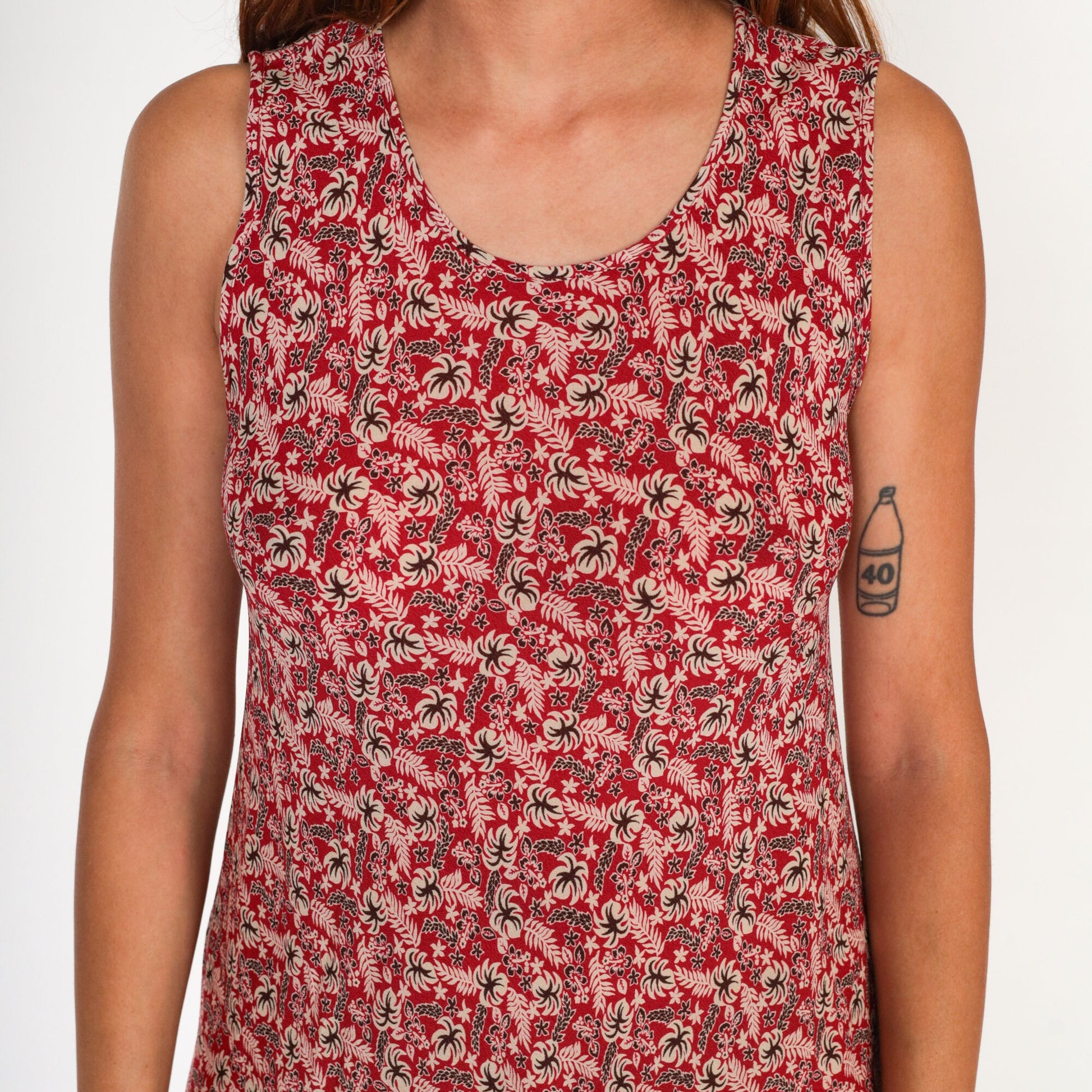90s Hawaiian Floral Red Hibiscus Shift Dress Sleeveless Knee-Length Small