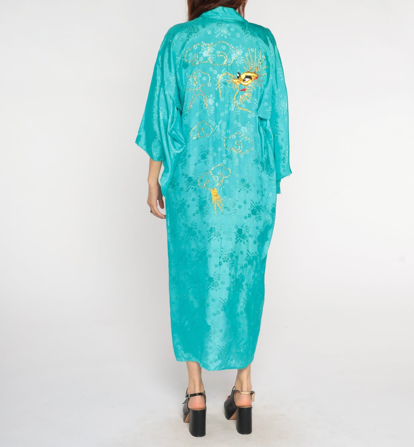 80s Dragon Embroidered Kimono Robe Turquoise Floral Maxi Small