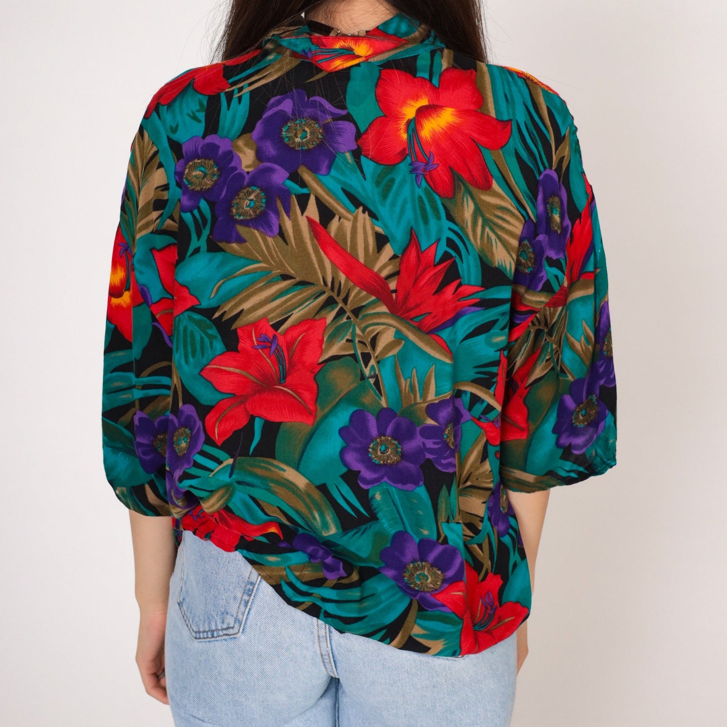 90s Avanti Tropical Floral Hibiscus Button-Up Shirt Purple Red Blue Large L