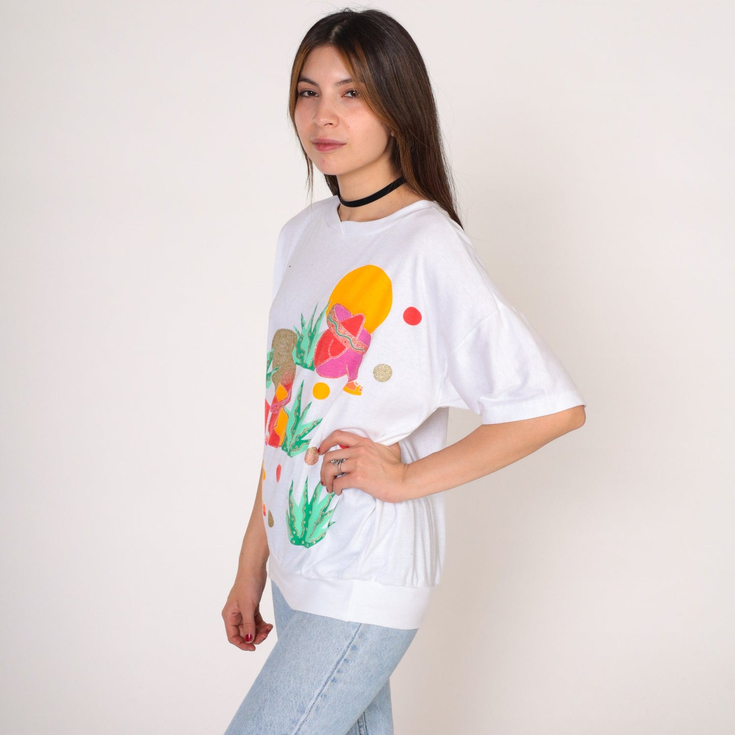 90s Jane Colby Art T-Shirt Sombrero Siesta Graphic White Cotton Large L