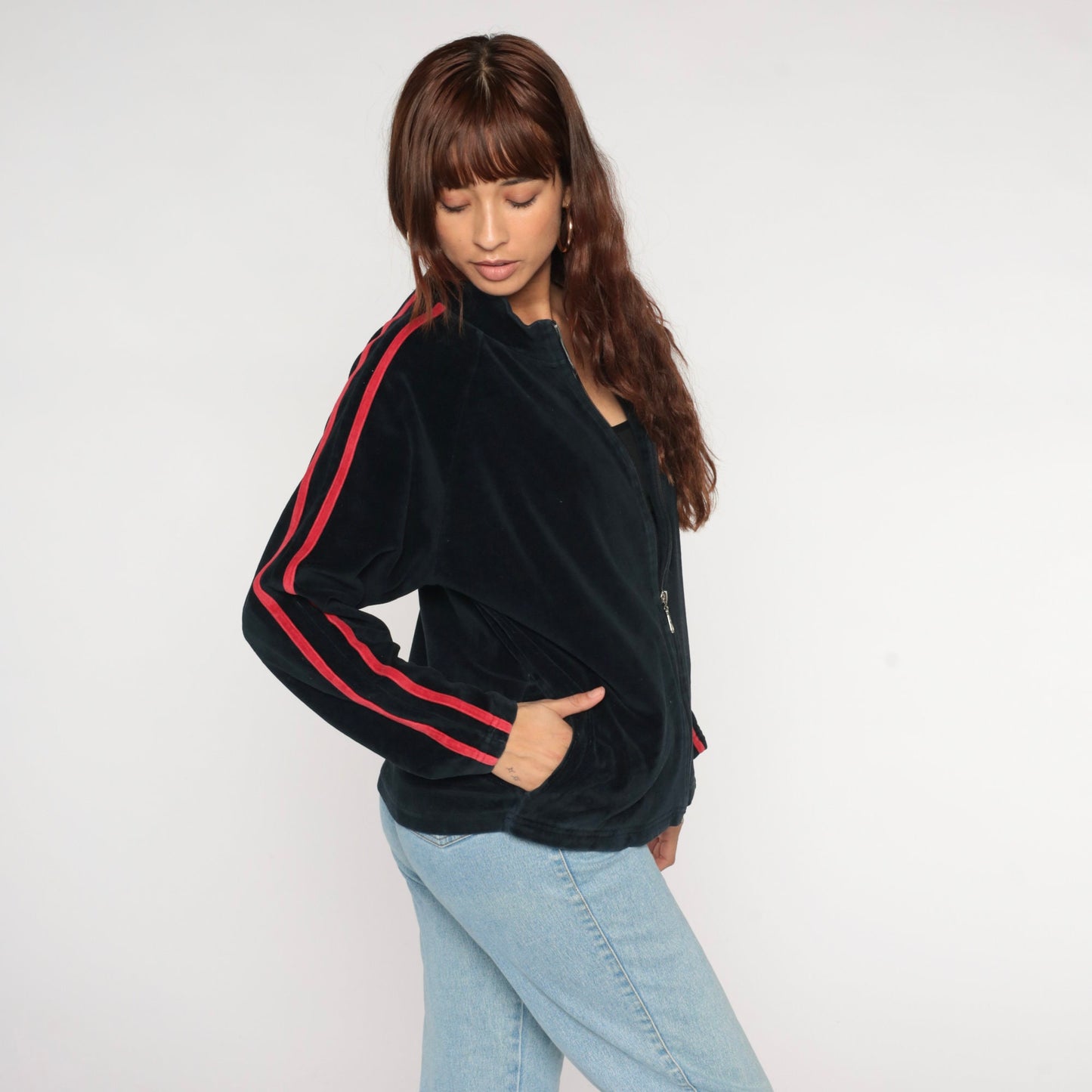 Y2K Black Velour Track Jacket Red Stripes Zip Up Medium