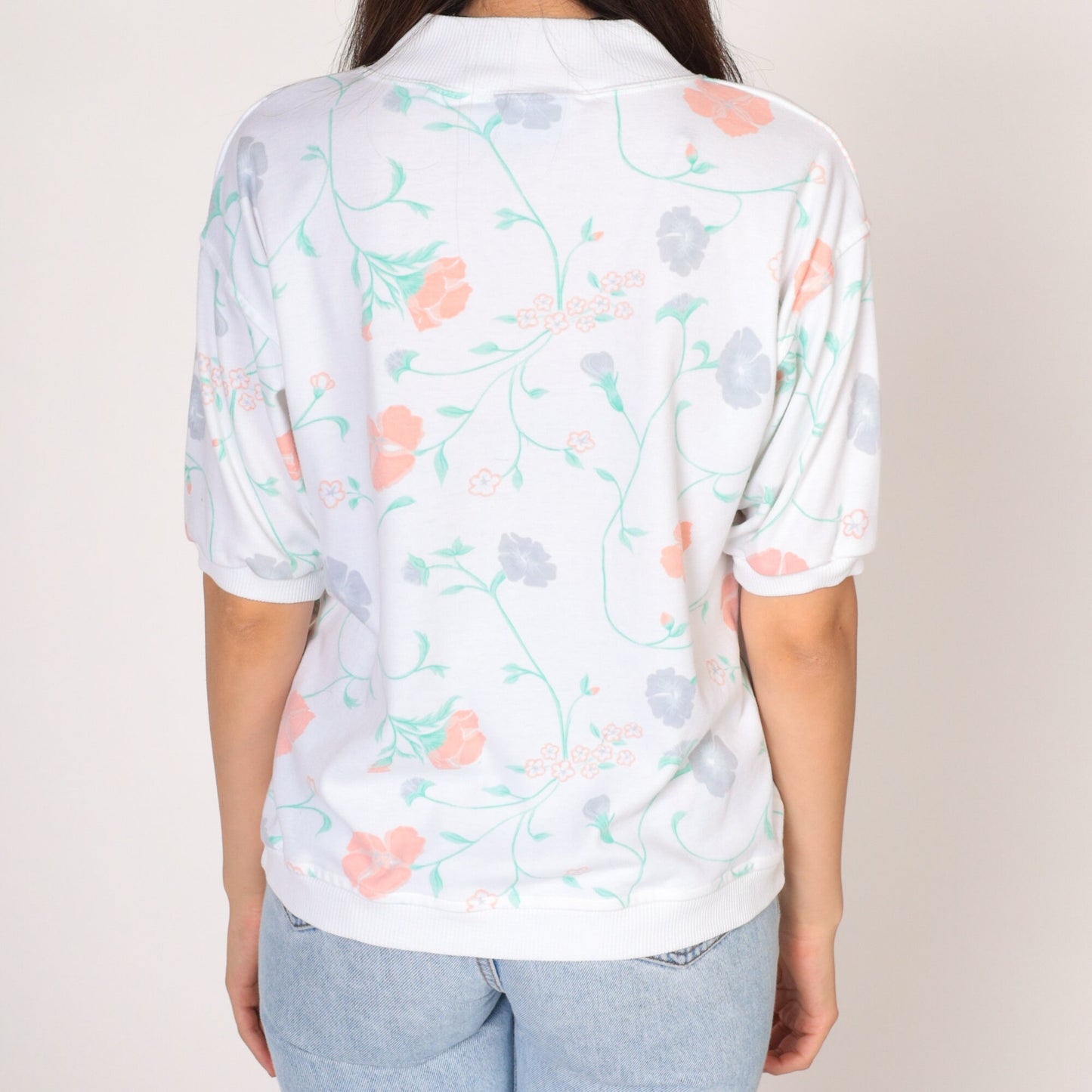 90s Floral White Shirt Chest Pocket Notched Neck Tee Small S