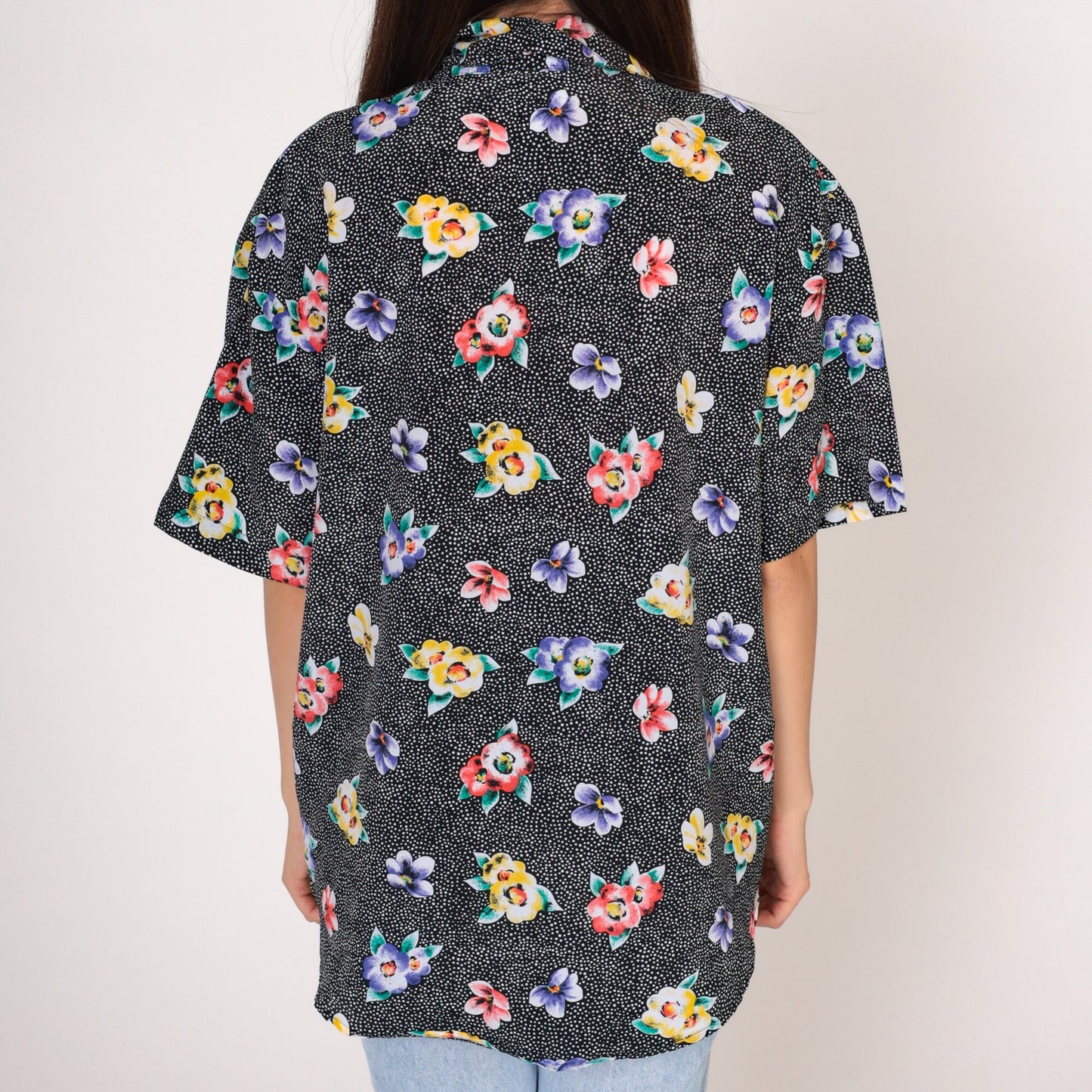 90s The Villager Polka Dot Floral Button-Up Blouse Black Short Sleeve Small