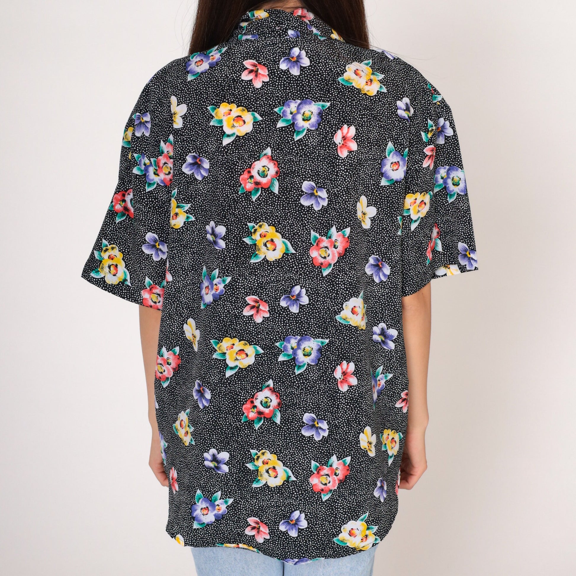 90s The Villager Polka Dot Floral Button-Up Blouse Black Short Sleeve Small