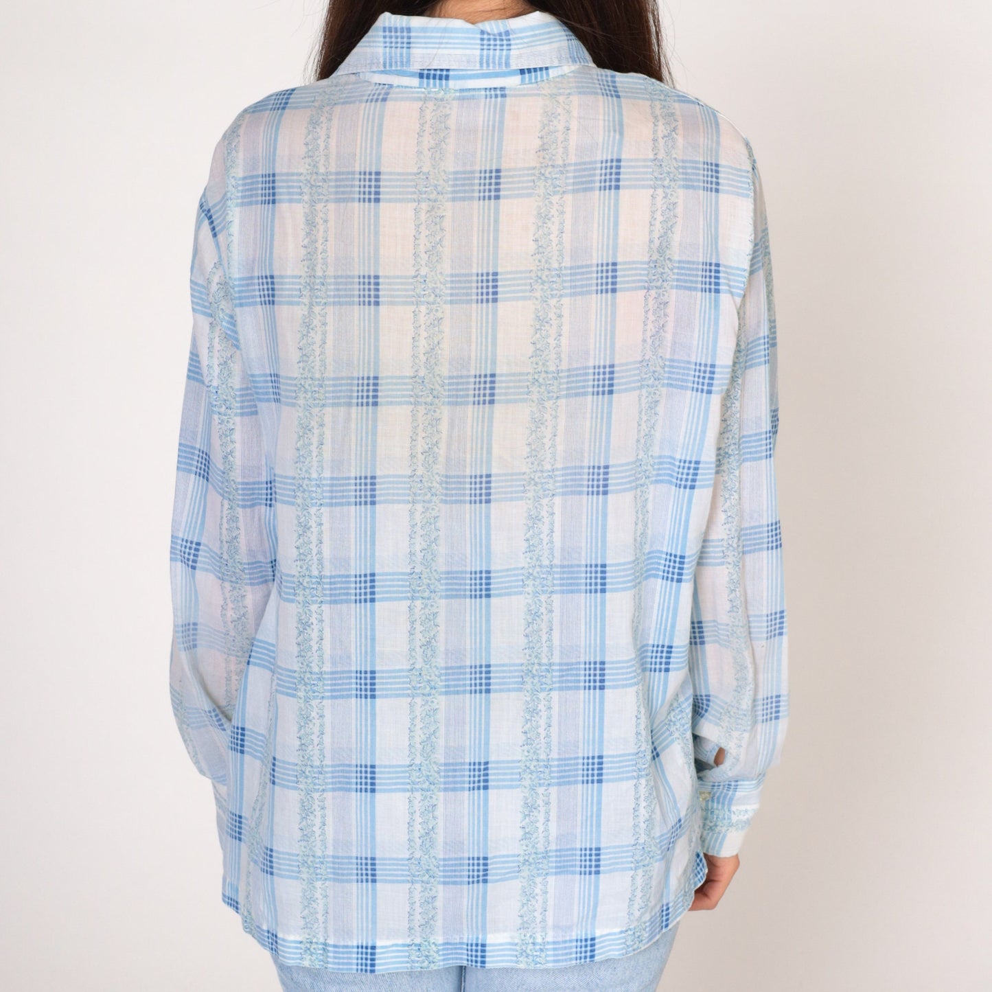 70s Checkered Floral Button-Up Blouse White Blue Plaid Long Sleeve Large L