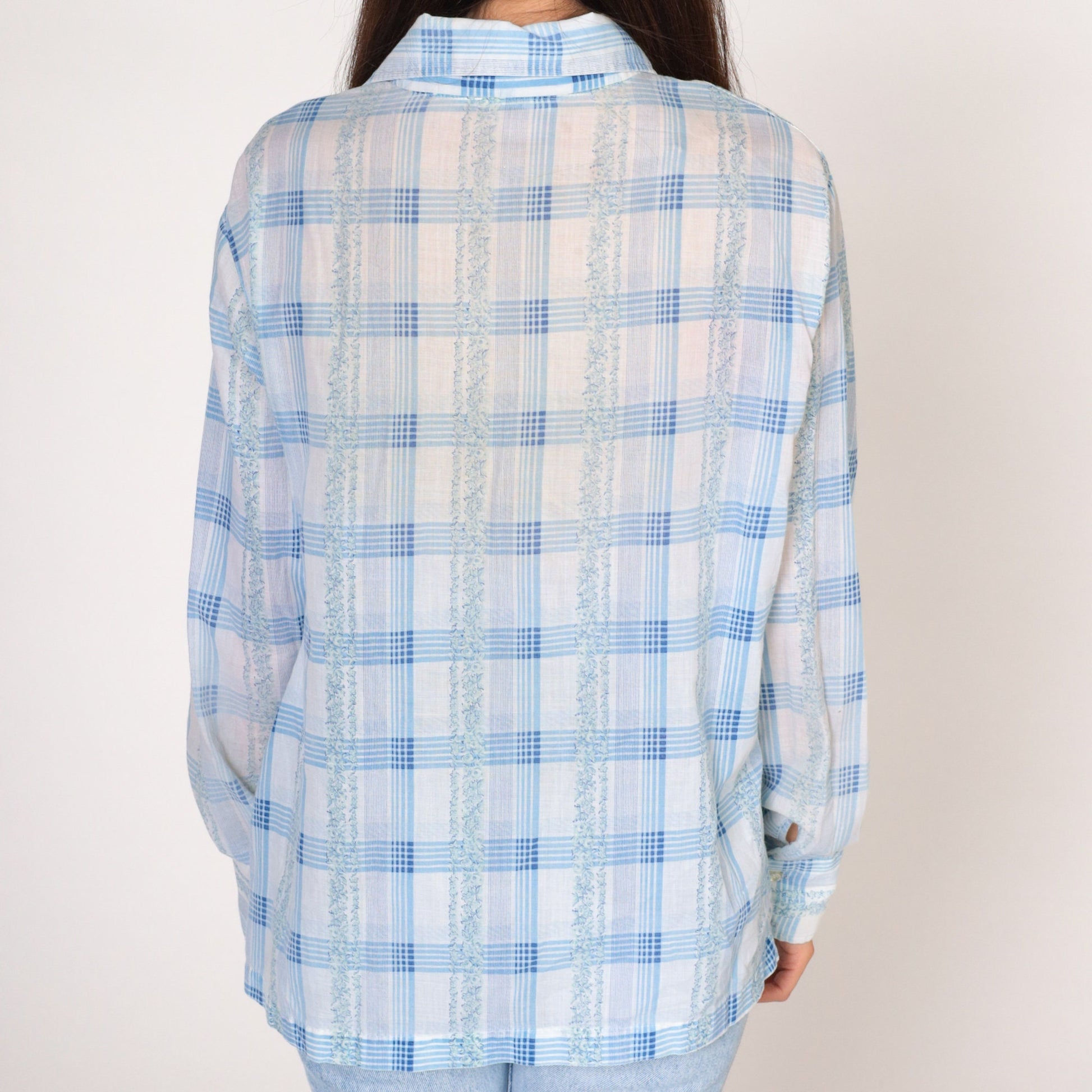 70s Checkered Floral Button-Up Blouse White Blue Plaid Long Sleeve Large L