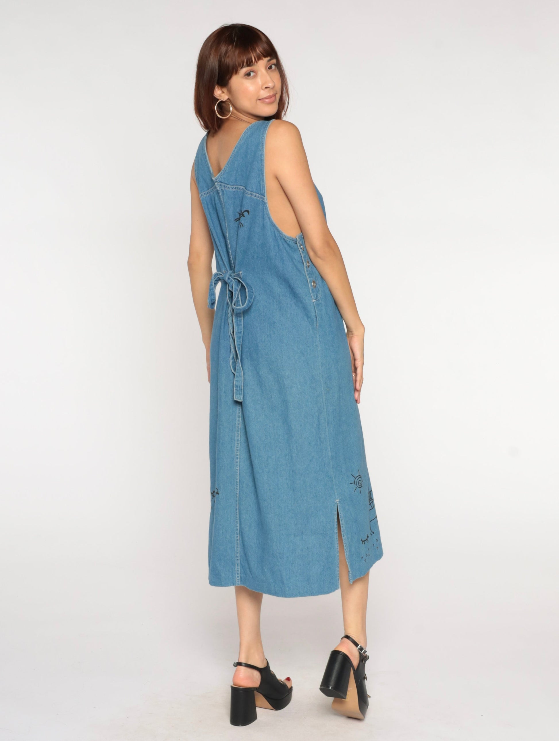 90s Boston Classics Denim Midi Dress Petroglyph Print Blue Large L