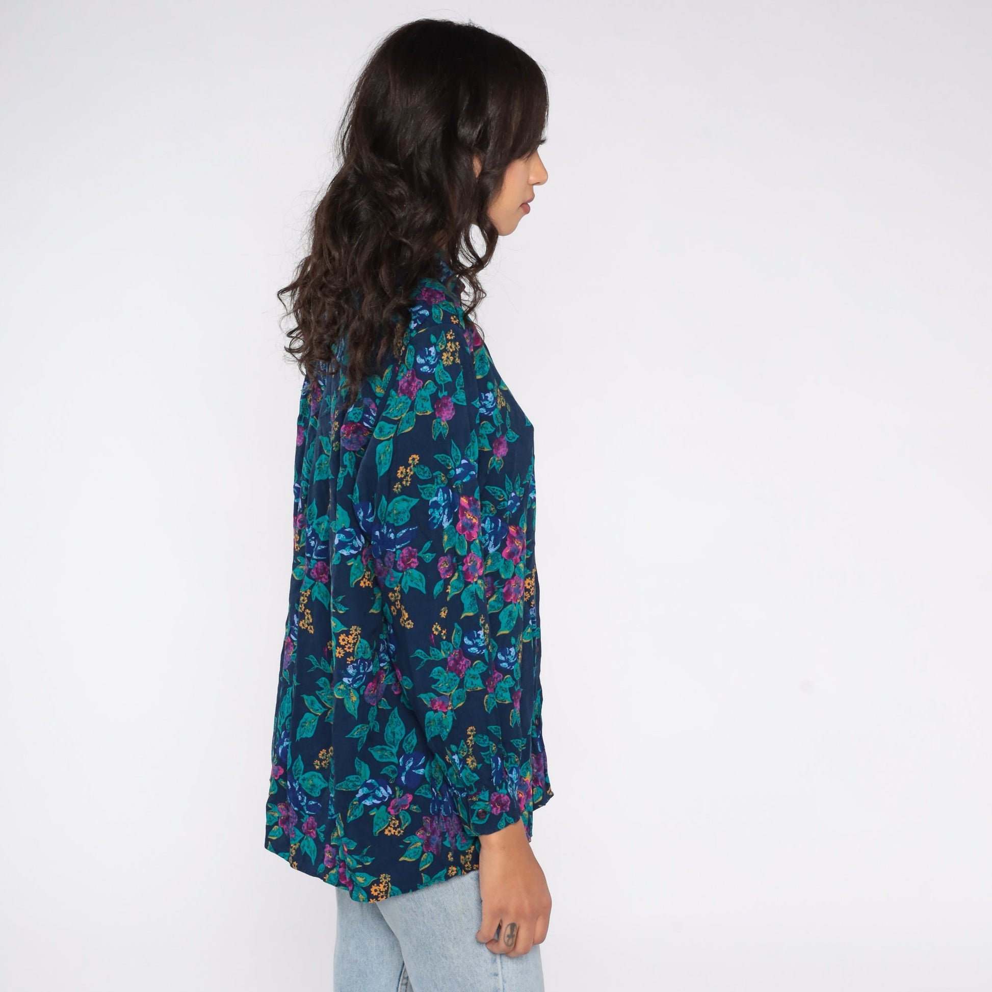90s Floral Rayon Blouse Navy Blue Button Up Shirt Long Sleeve Medium